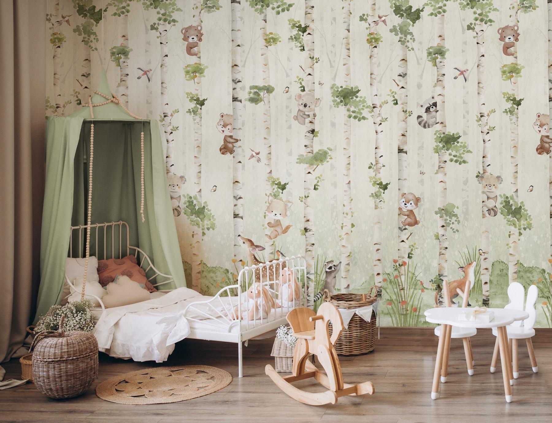 Cute Animals and Birch Tree Kids Wallpaper