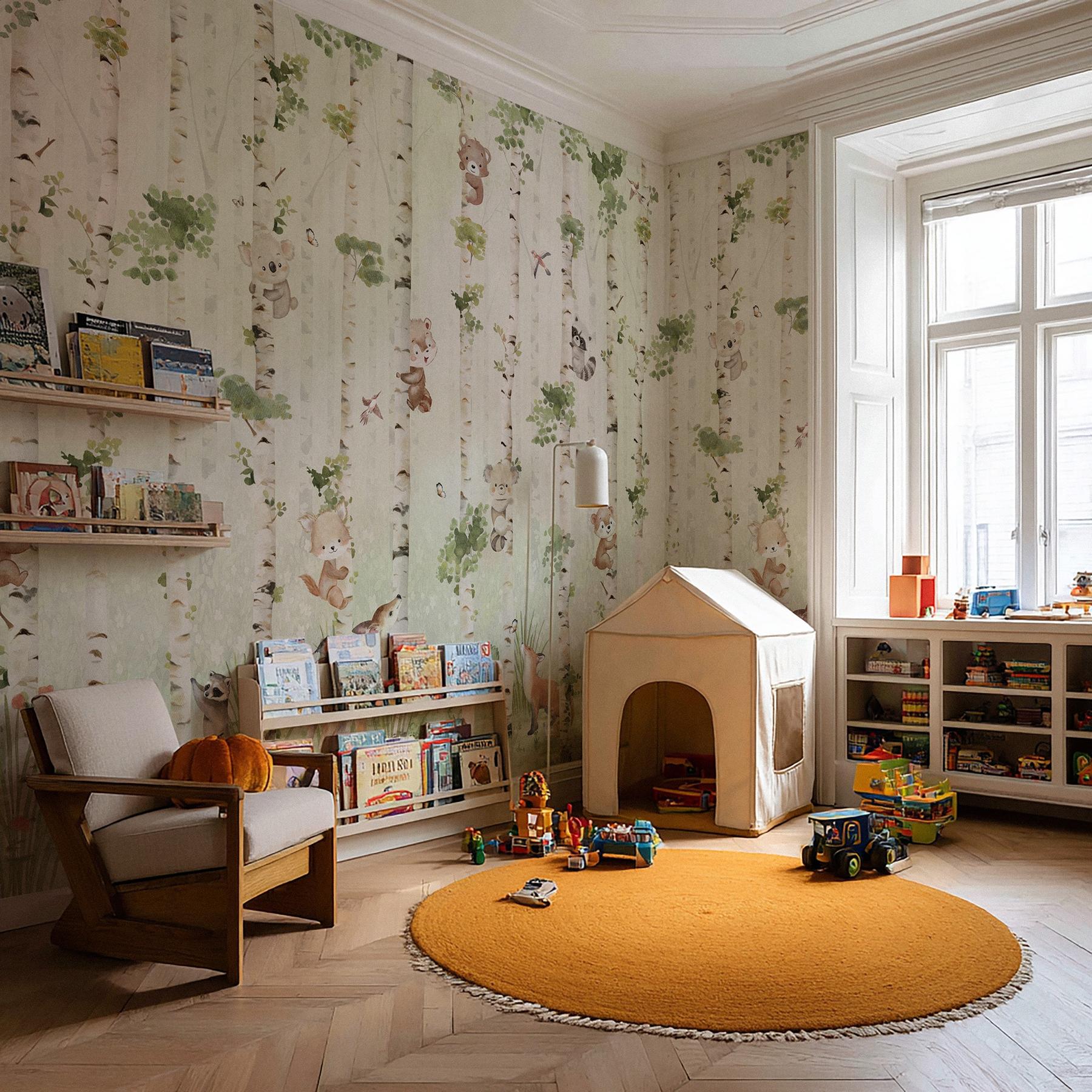 Cute Animals and Birch Tree Kids Wallpaper