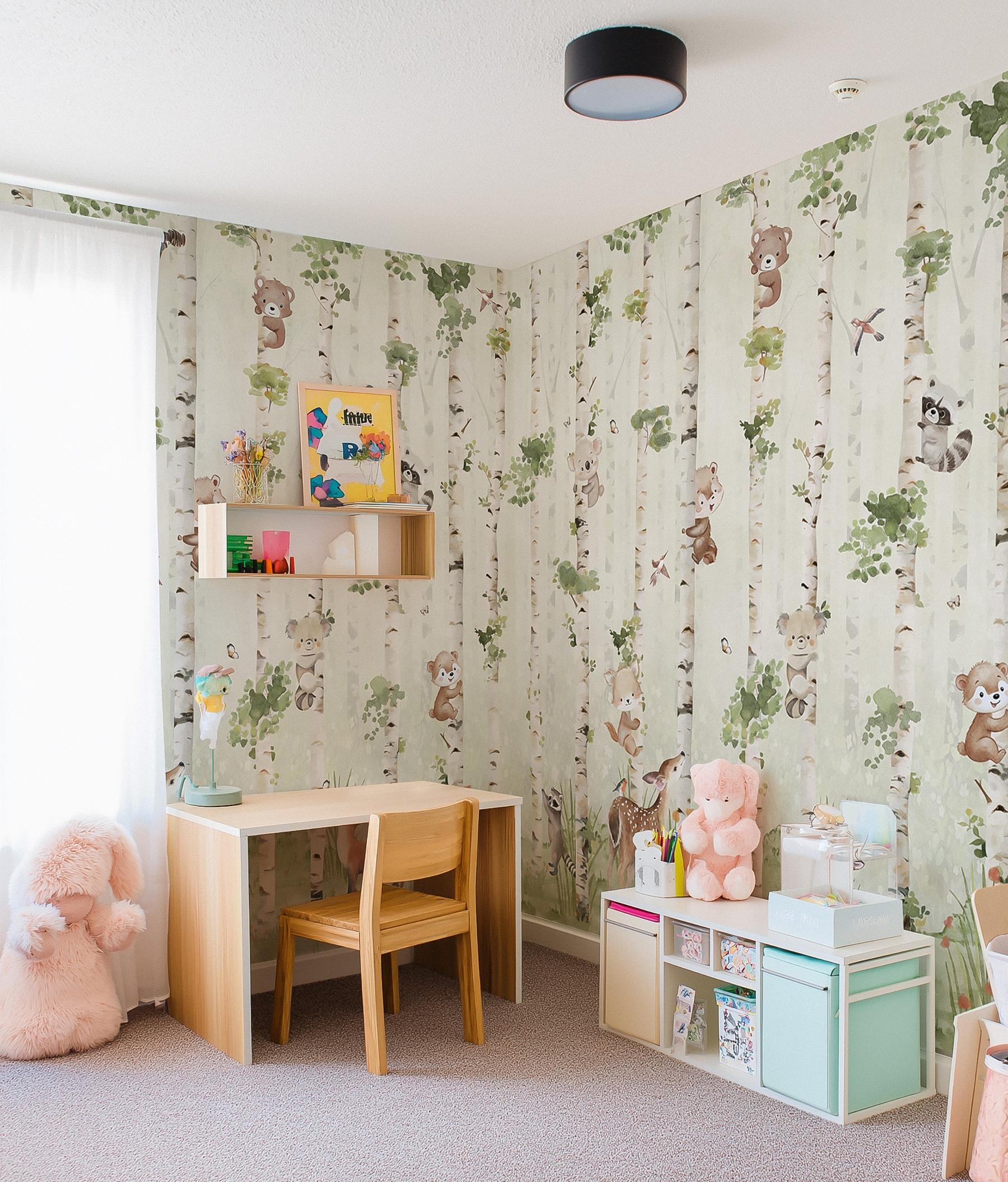 Cute Animals and Birch Tree Kids Wallpaper