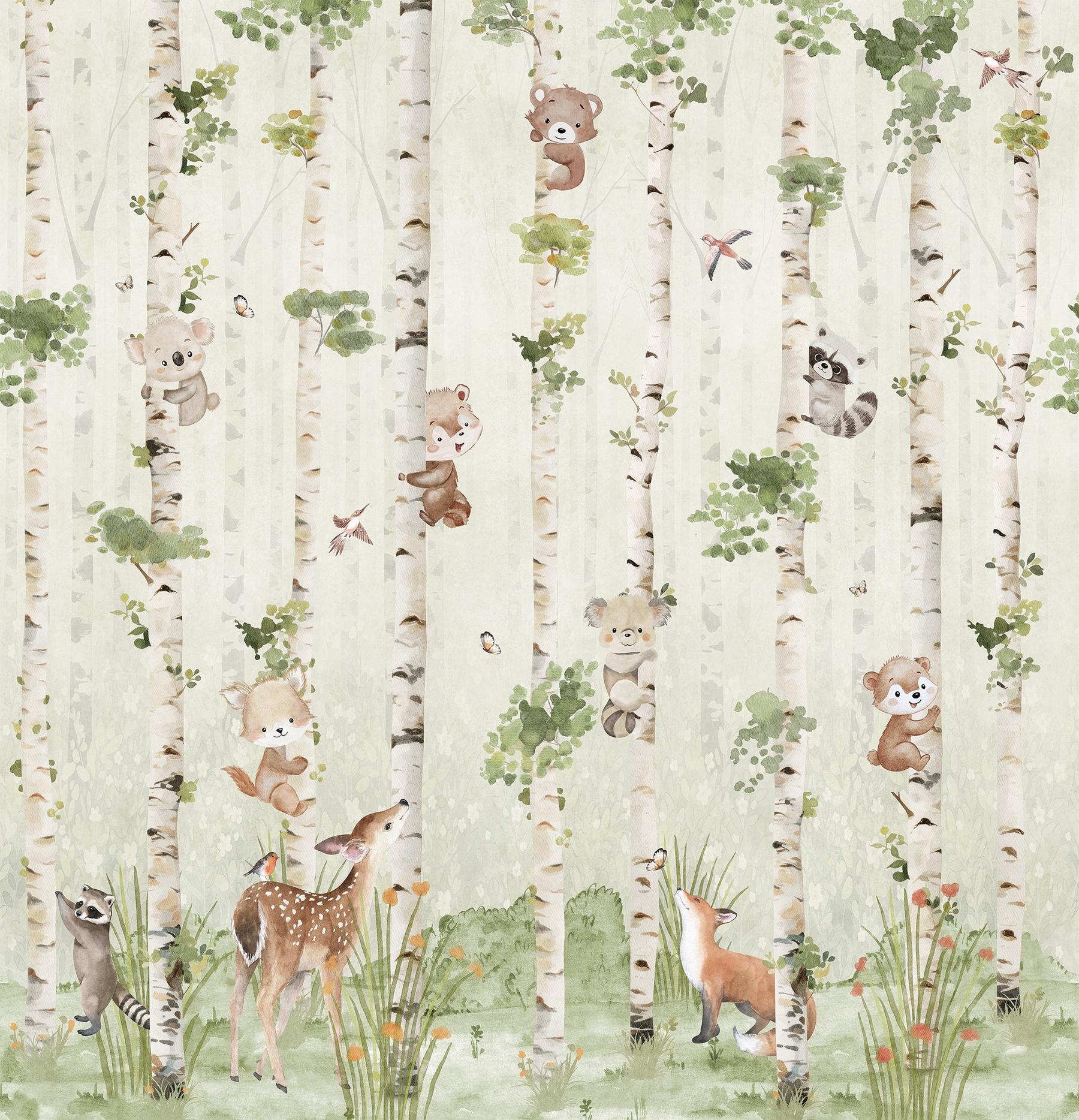 Cute Animals and Birch Tree Kids Wallpaper