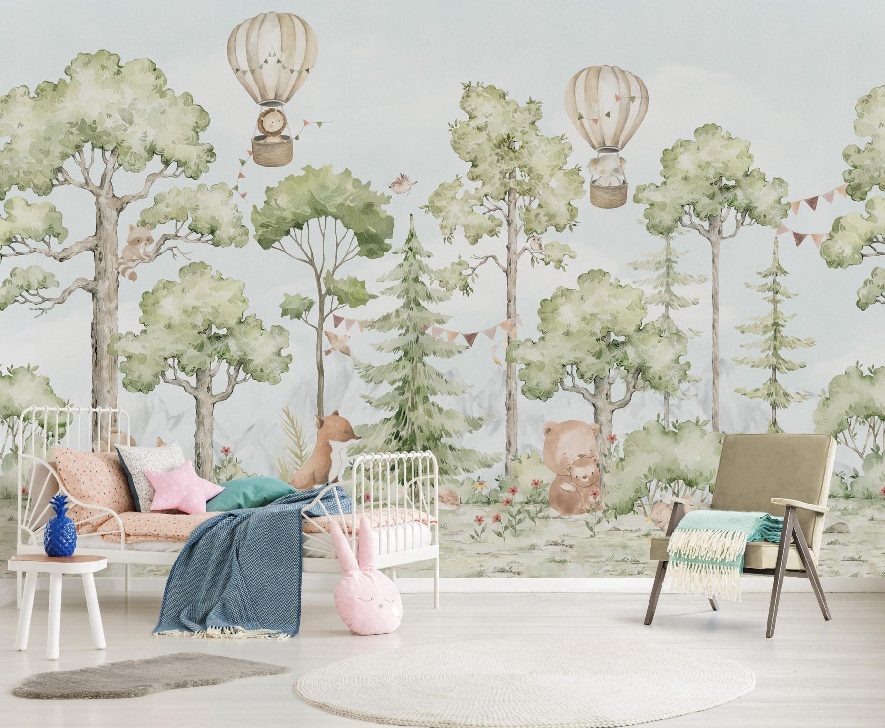 Cute Forest Animals with Balloon Wallpaper Mural