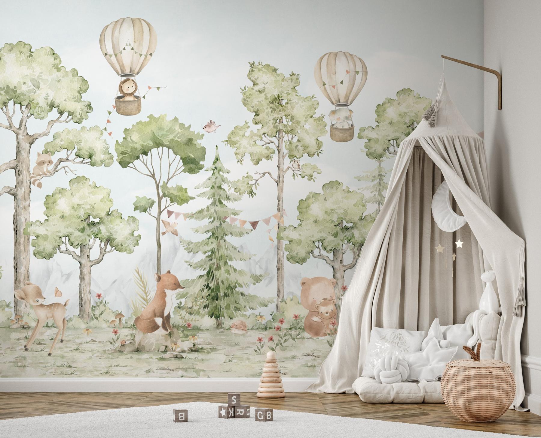 Cute Forest Animals with Balloon Wallpaper Mural