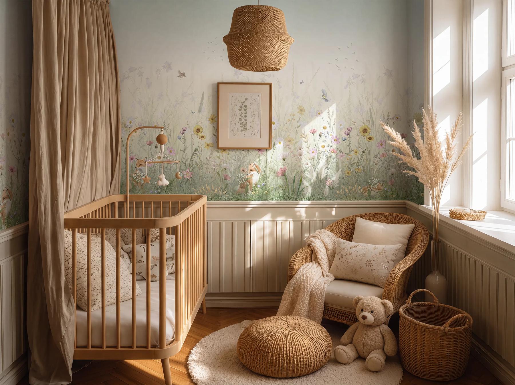 Kids Whimsical Fox Meadow Floral Wallpaper Mural