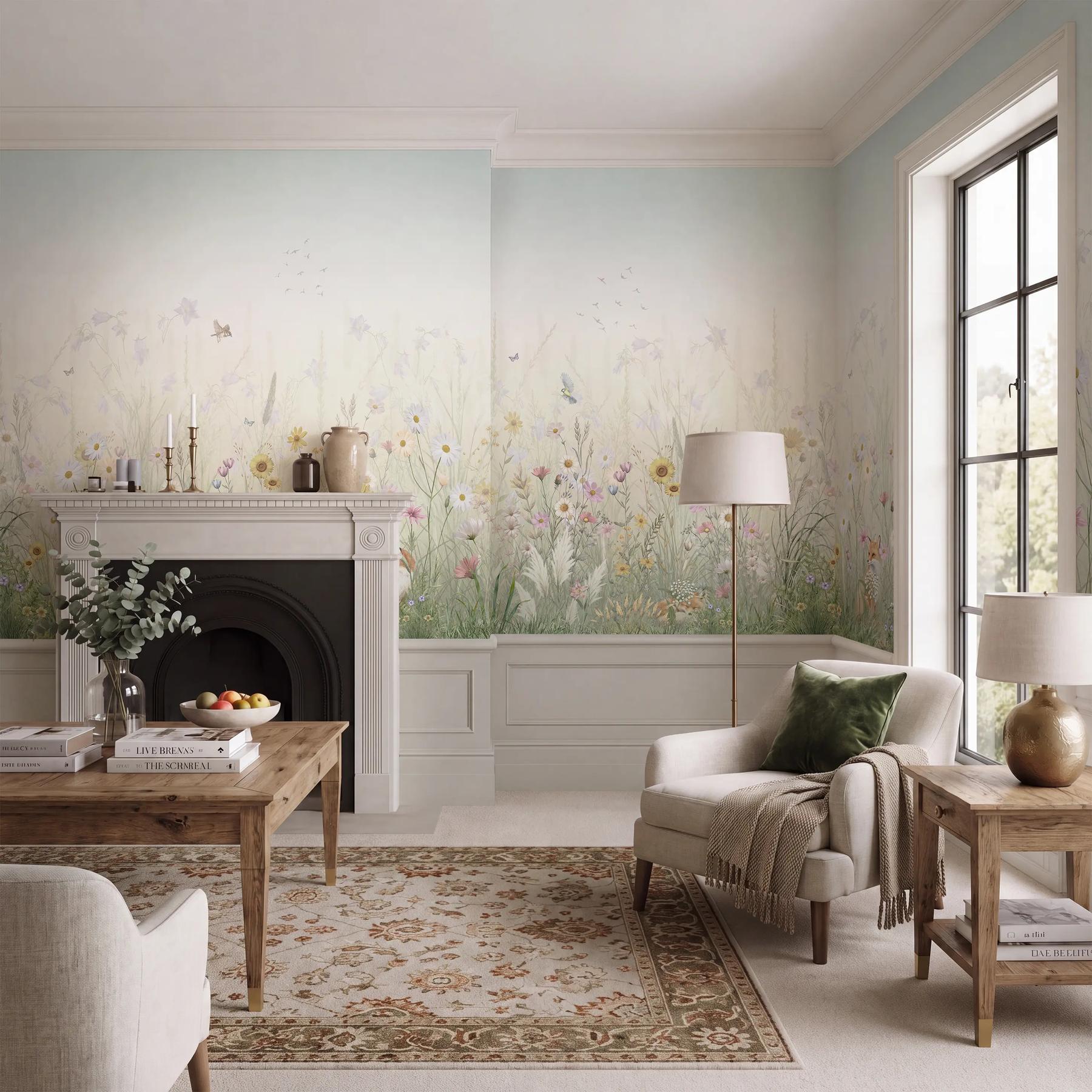 Kids Whimsical Fox Meadow Floral Wallpaper Mural