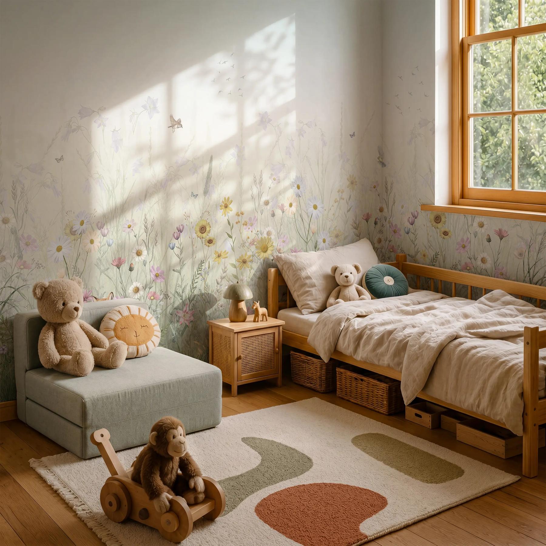 Kids Whimsical Fox Meadow Floral Wallpaper Mural