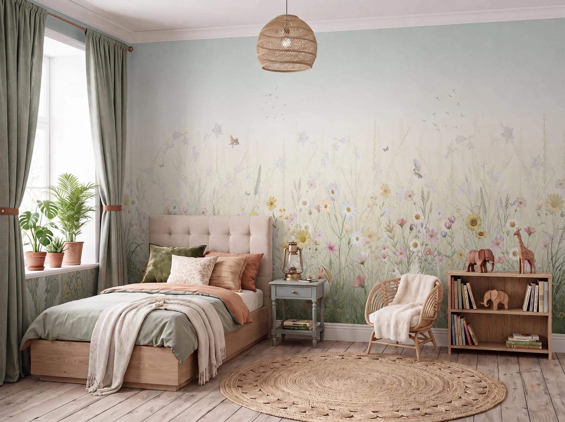 Kids Whimsical Fox Meadow Floral Wallpaper Mural