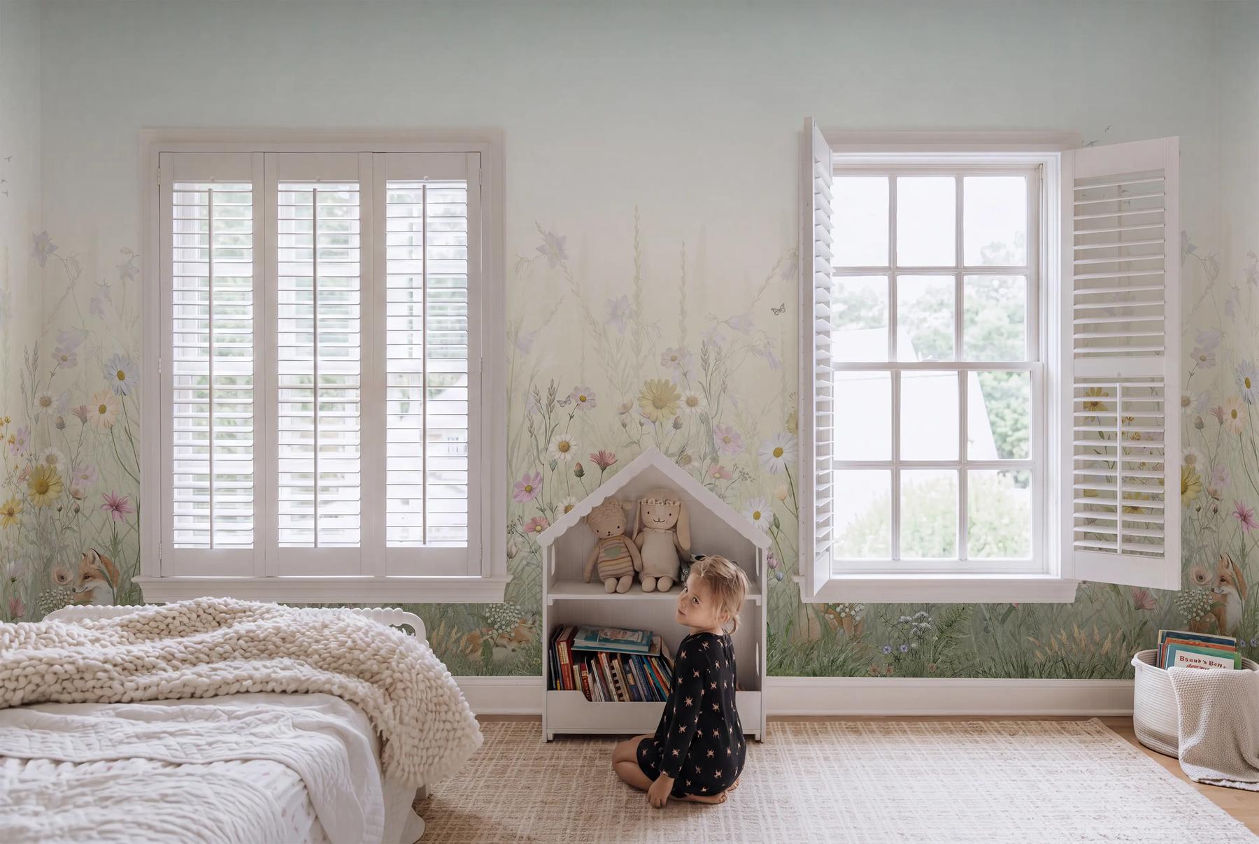 Kids Whimsical Fox Meadow Floral Wallpaper Mural