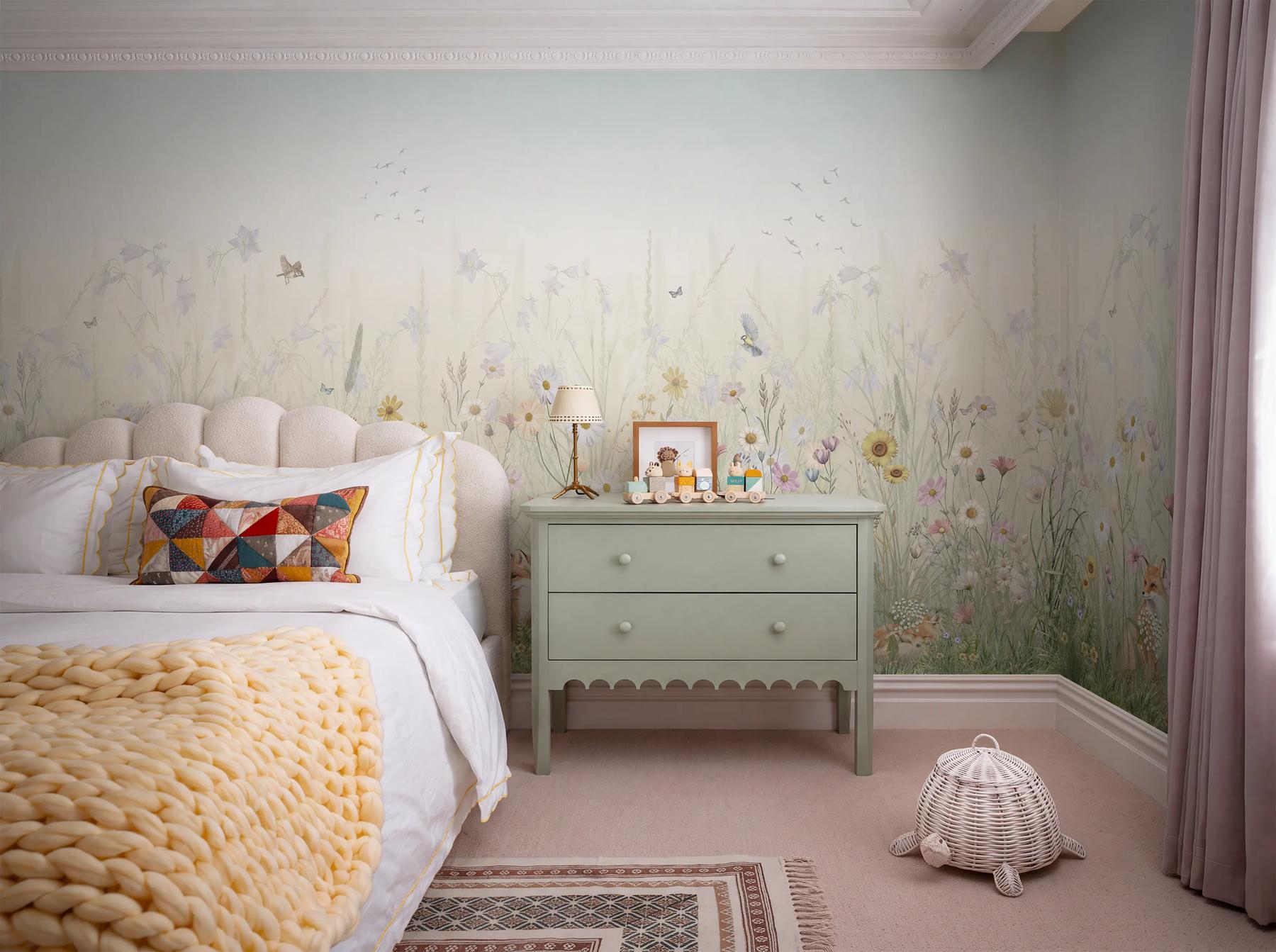 Kids Whimsical Fox Meadow Floral Wallpaper Mural