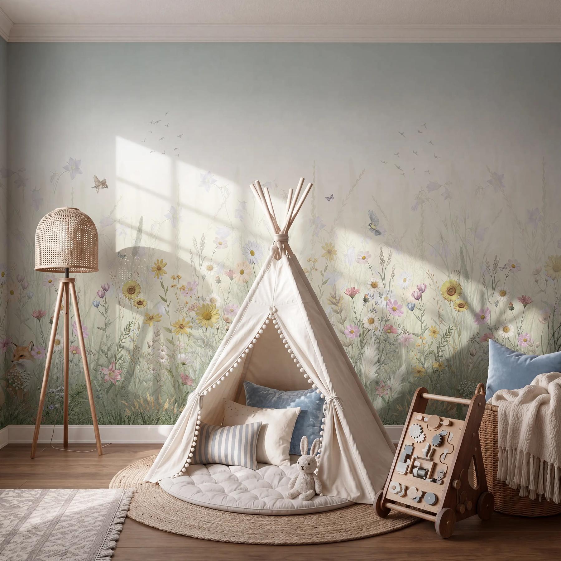 Kids Whimsical Fox Meadow Floral Wallpaper Mural