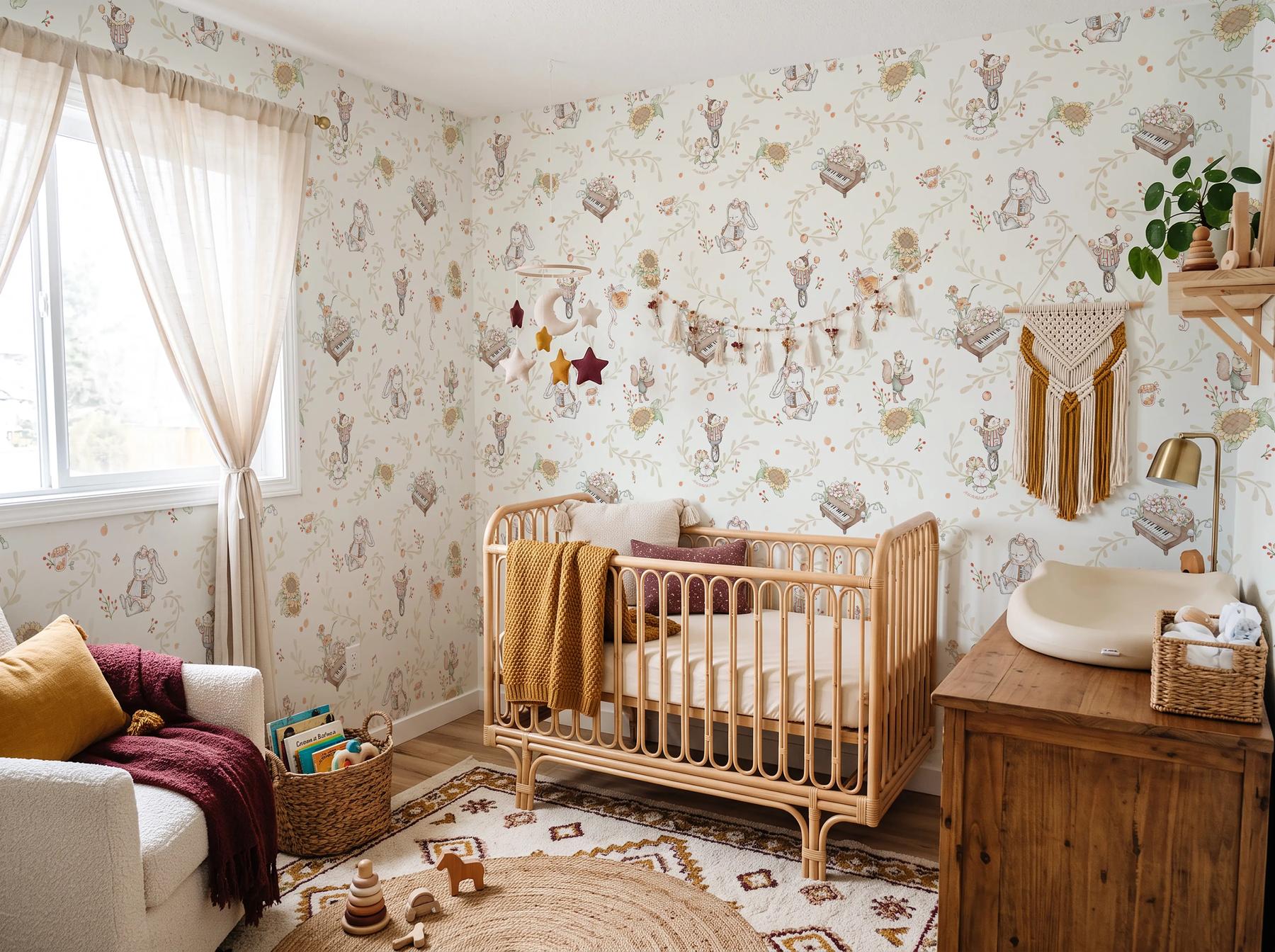 Nursery Playful Animal Musicians and Flowers Wallpaper Mural