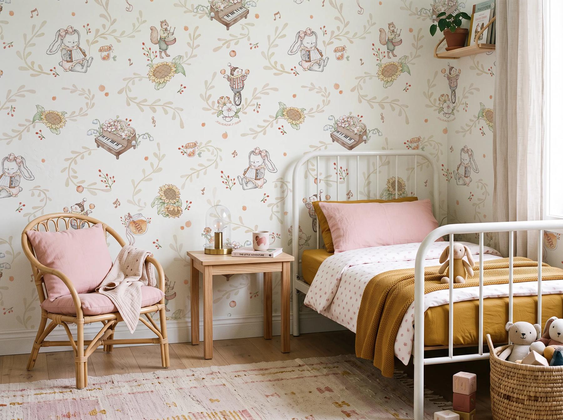 Nursery Playful Animal Musicians and Flowers Wallpaper Mural