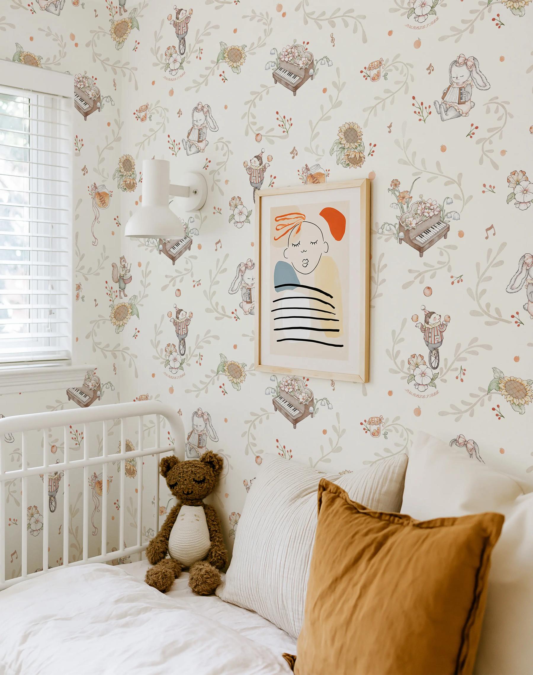 Nursery Playful Animal Musicians and Flowers Wallpaper Mural