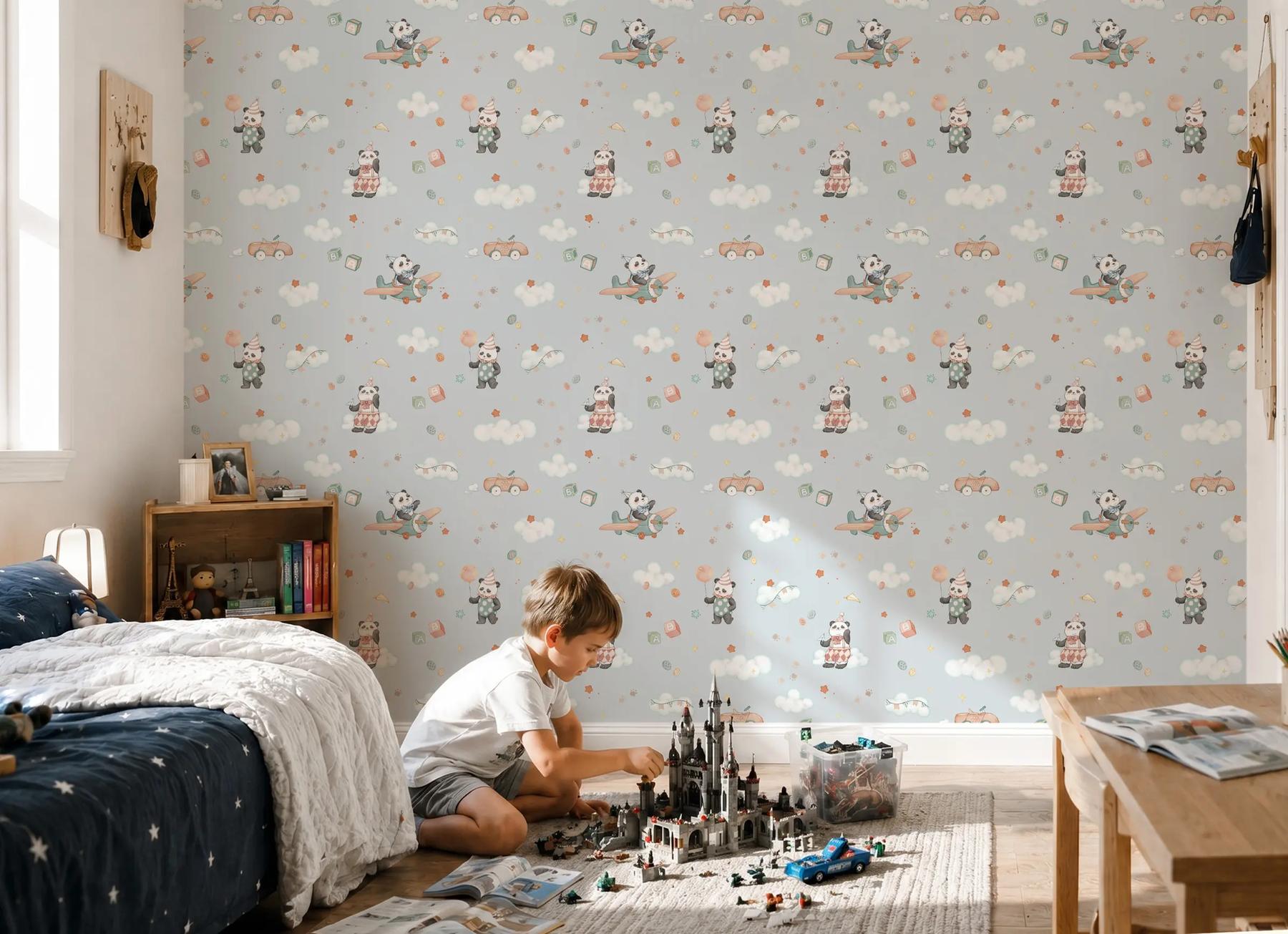 Kids Watercolor Panda Airplane Clouds Wallpaper Mural