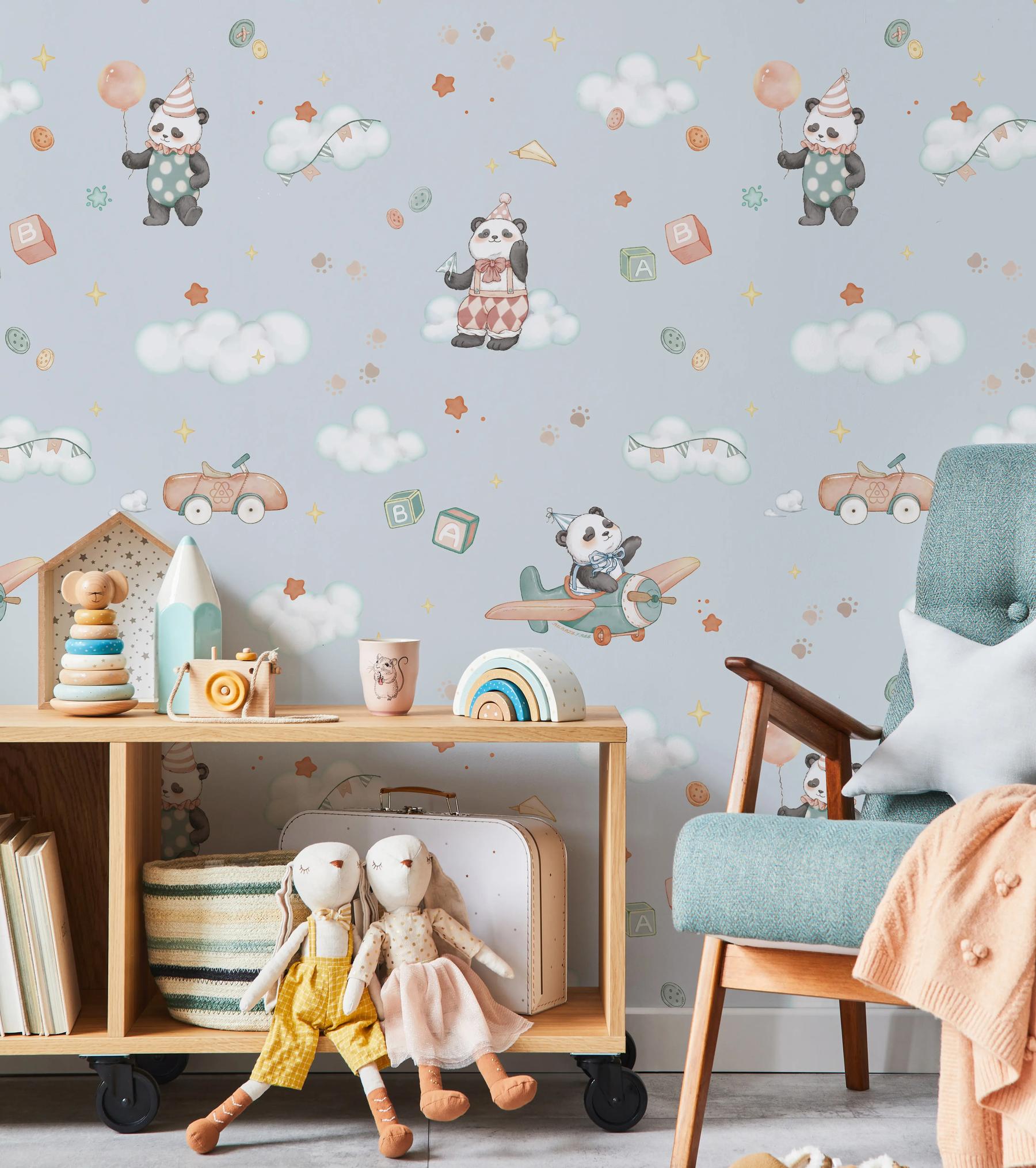 Kids Watercolor Panda Airplane Clouds Wallpaper Mural