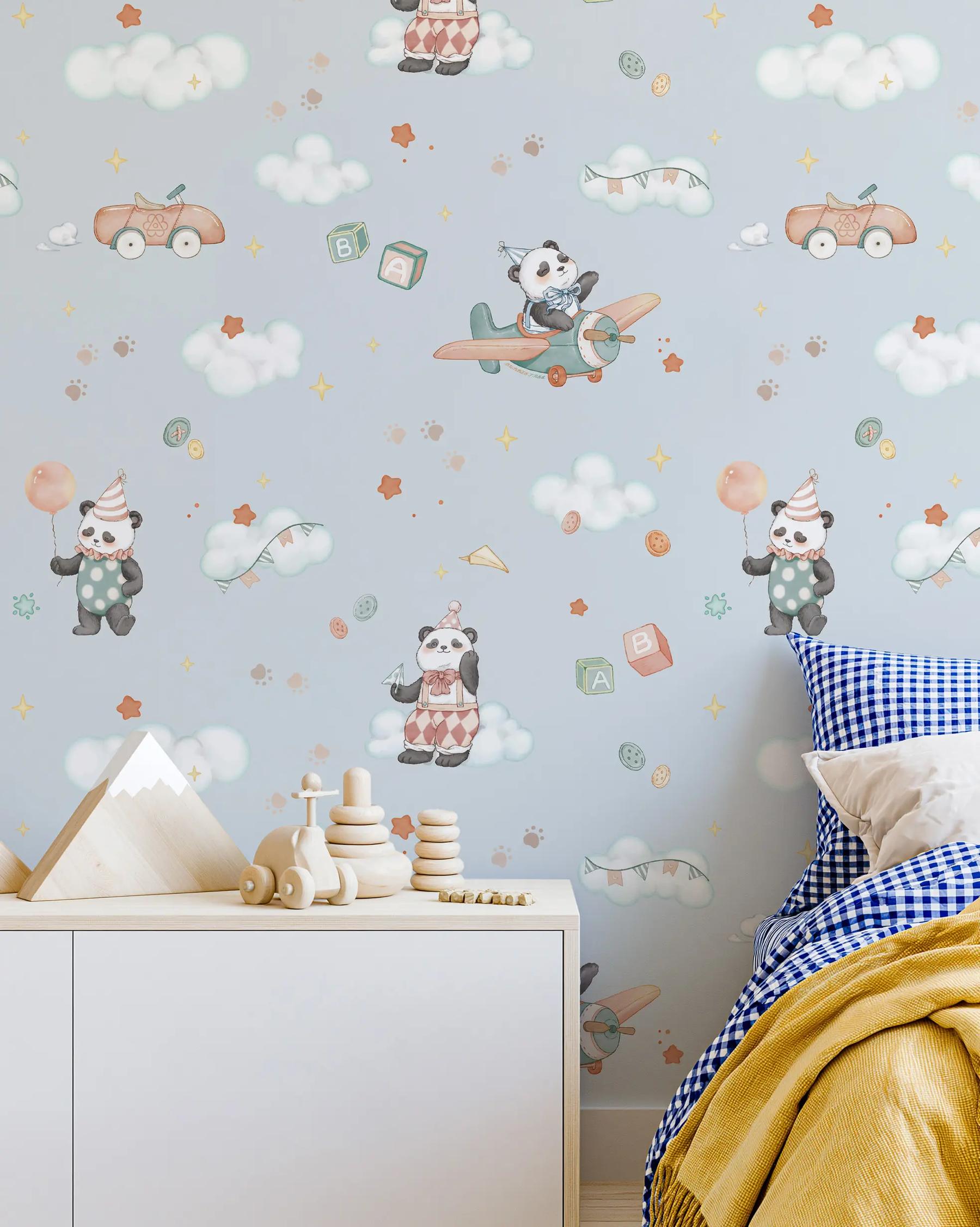 Kids Watercolor Panda Airplane Clouds Wallpaper Mural