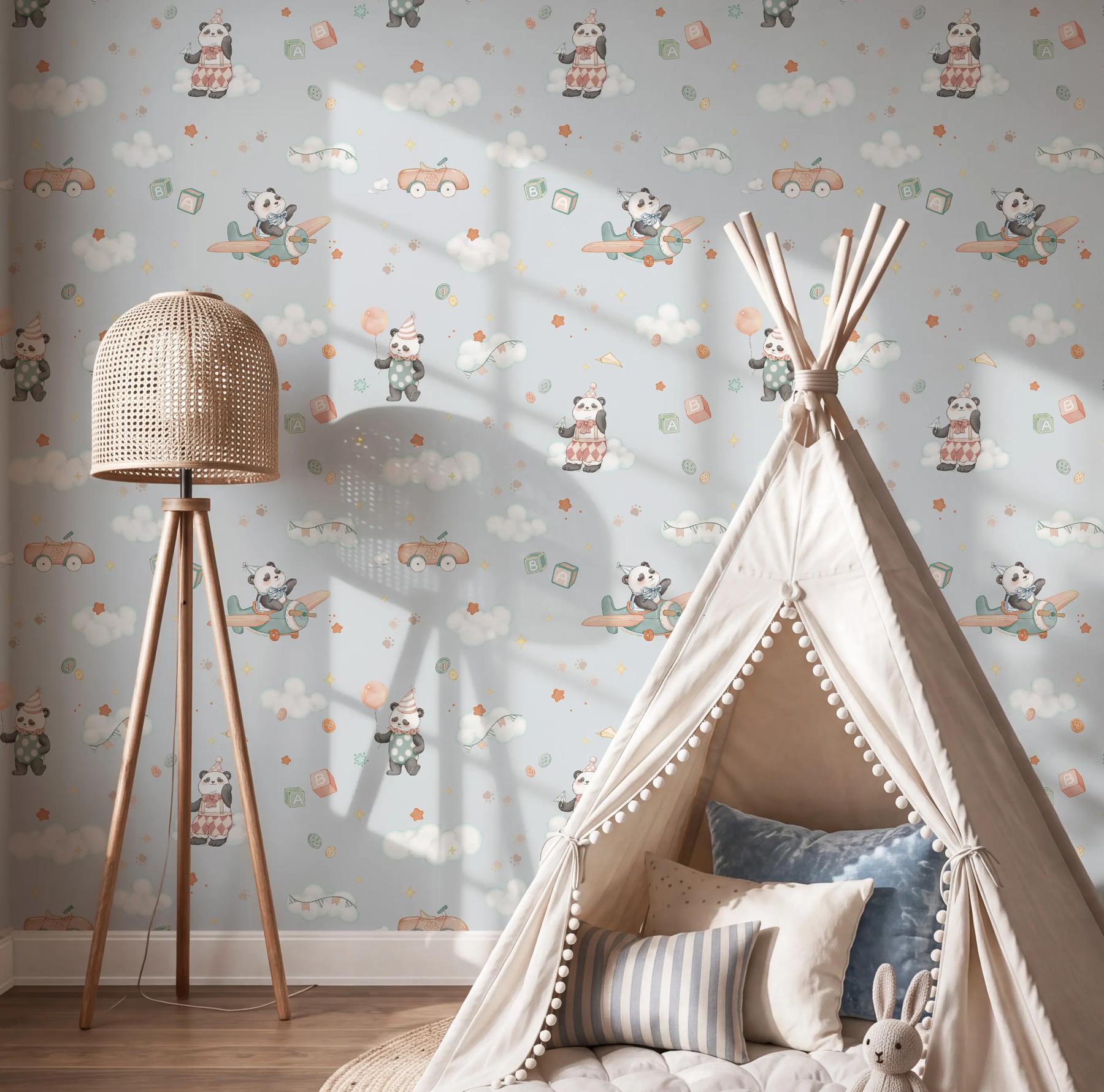 Kids Watercolor Panda Airplane Clouds Wallpaper Mural