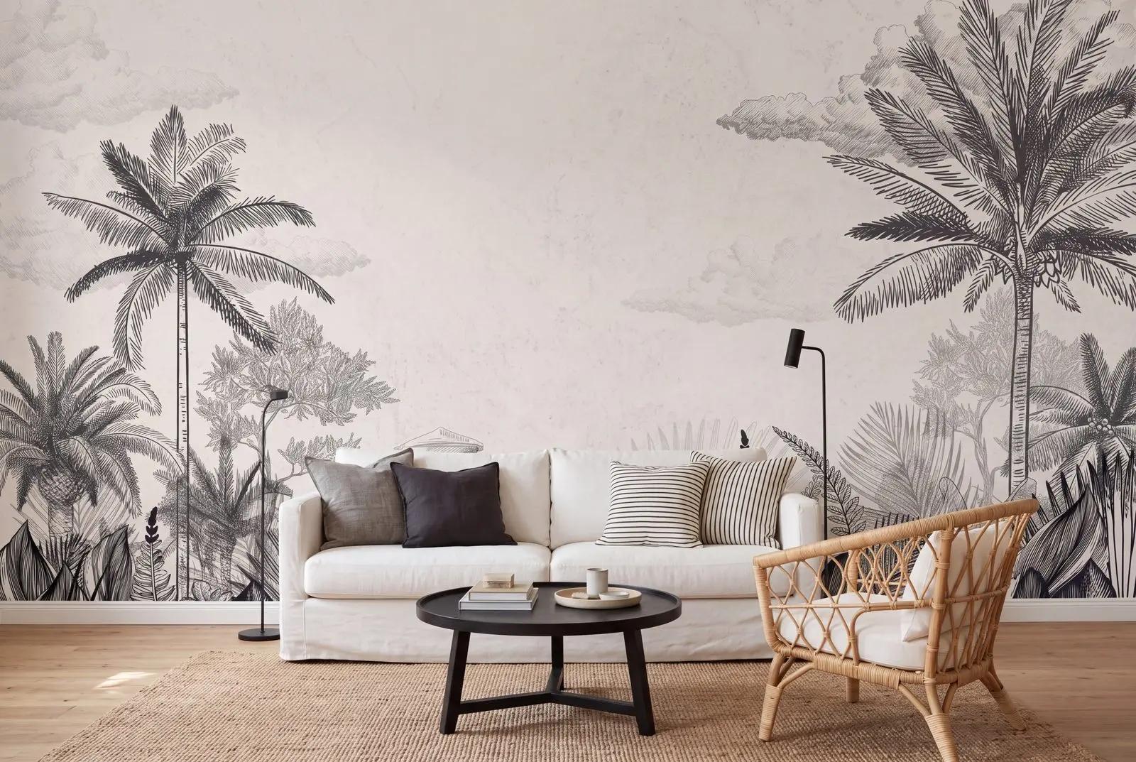 Black and White Tropical Toile Wallpaper Mural