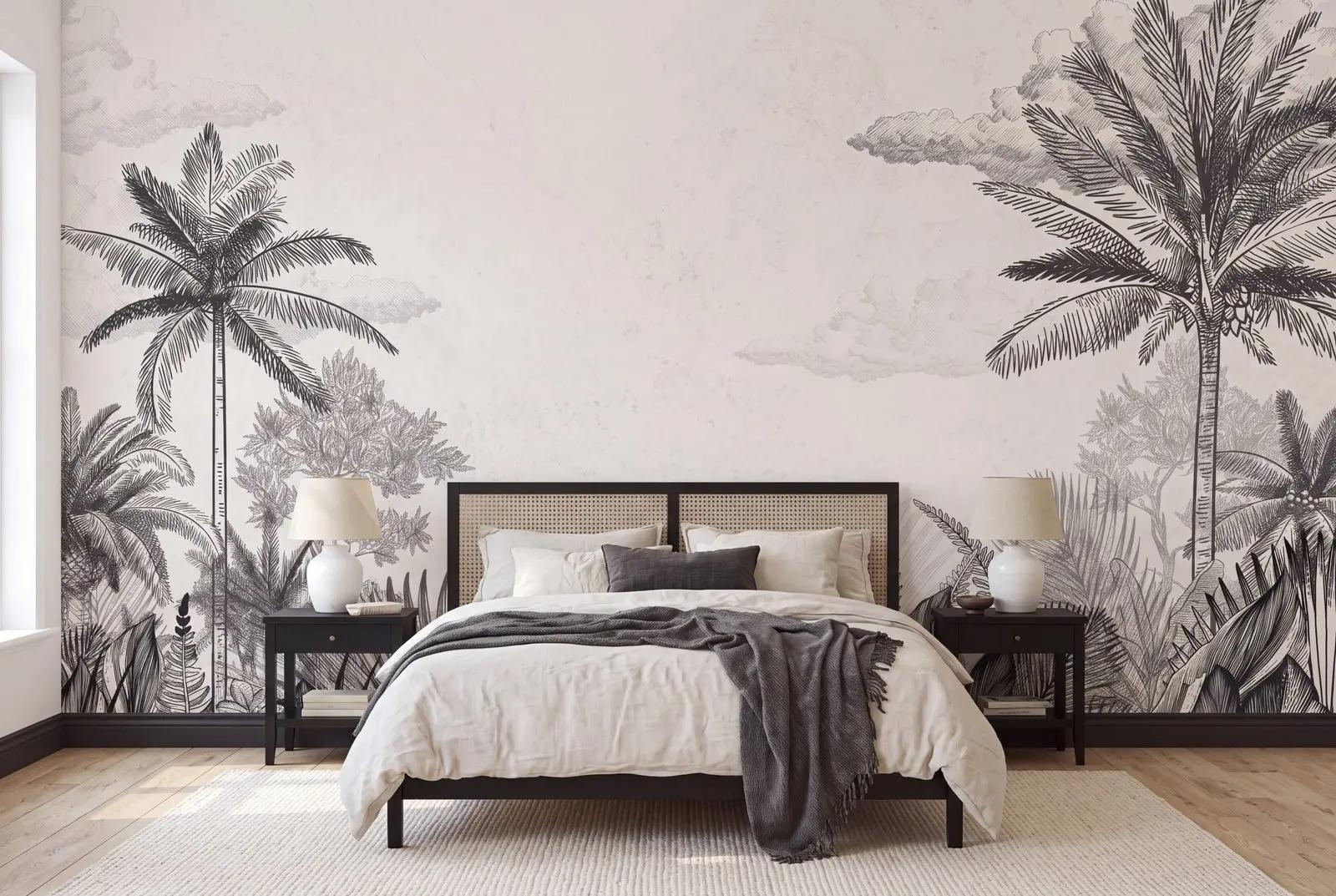 Black and White Tropical Toile Wallpaper Mural