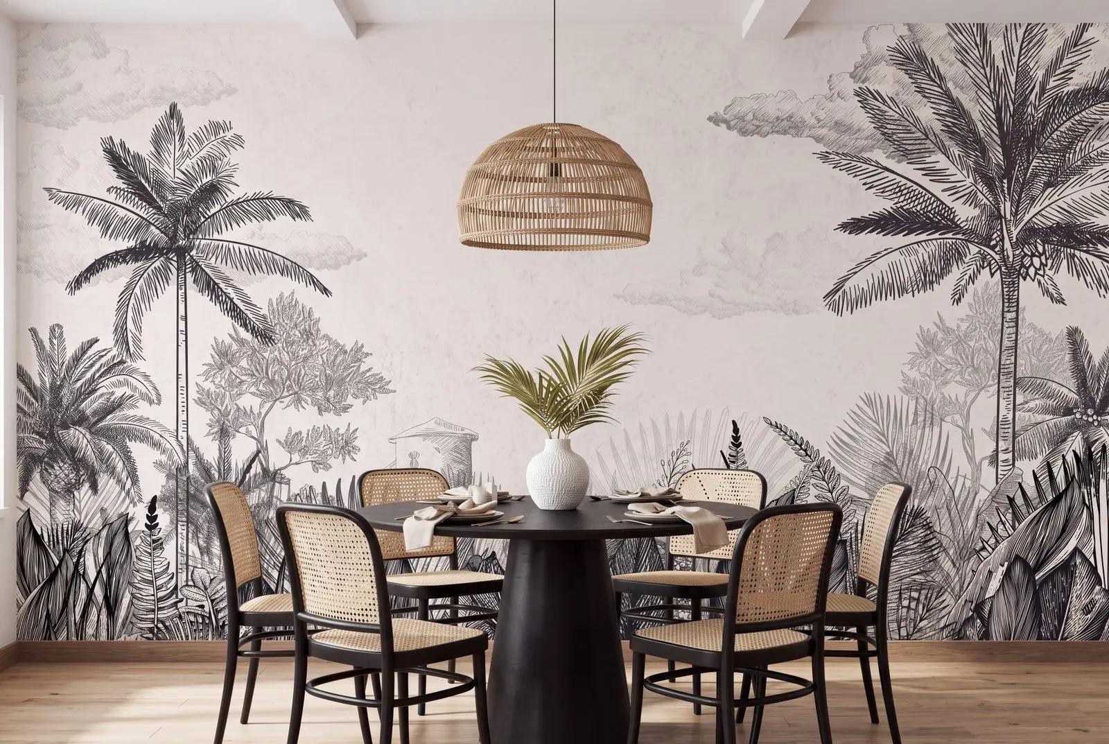 Black and White Tropical Toile Wallpaper Mural