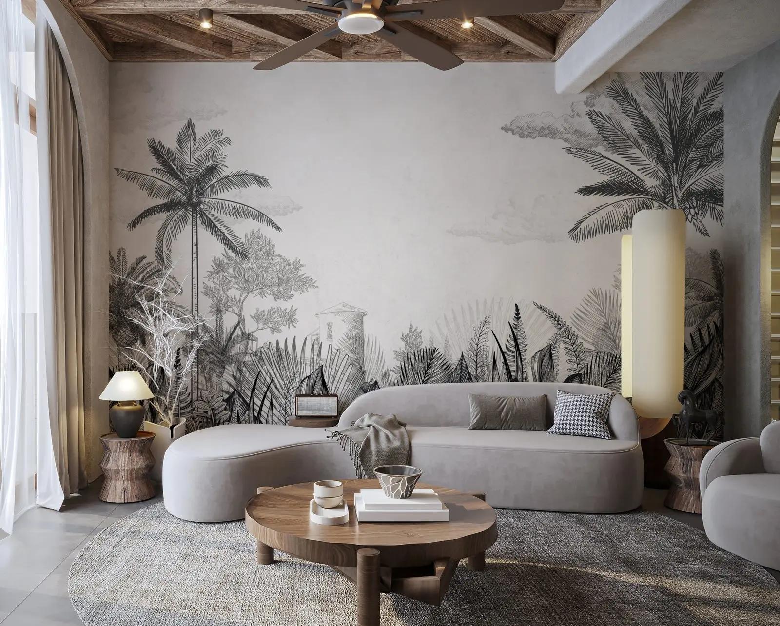 Black and White Tropical Toile Wallpaper Mural