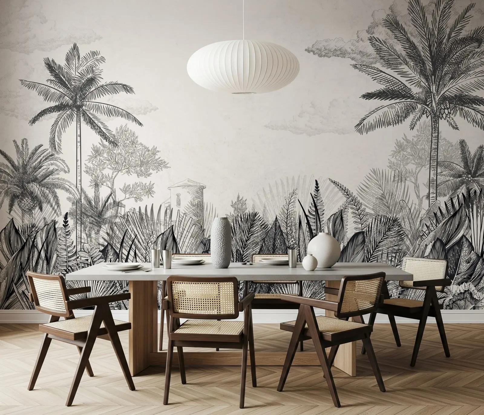 Black and White Tropical Toile Wallpaper Mural
