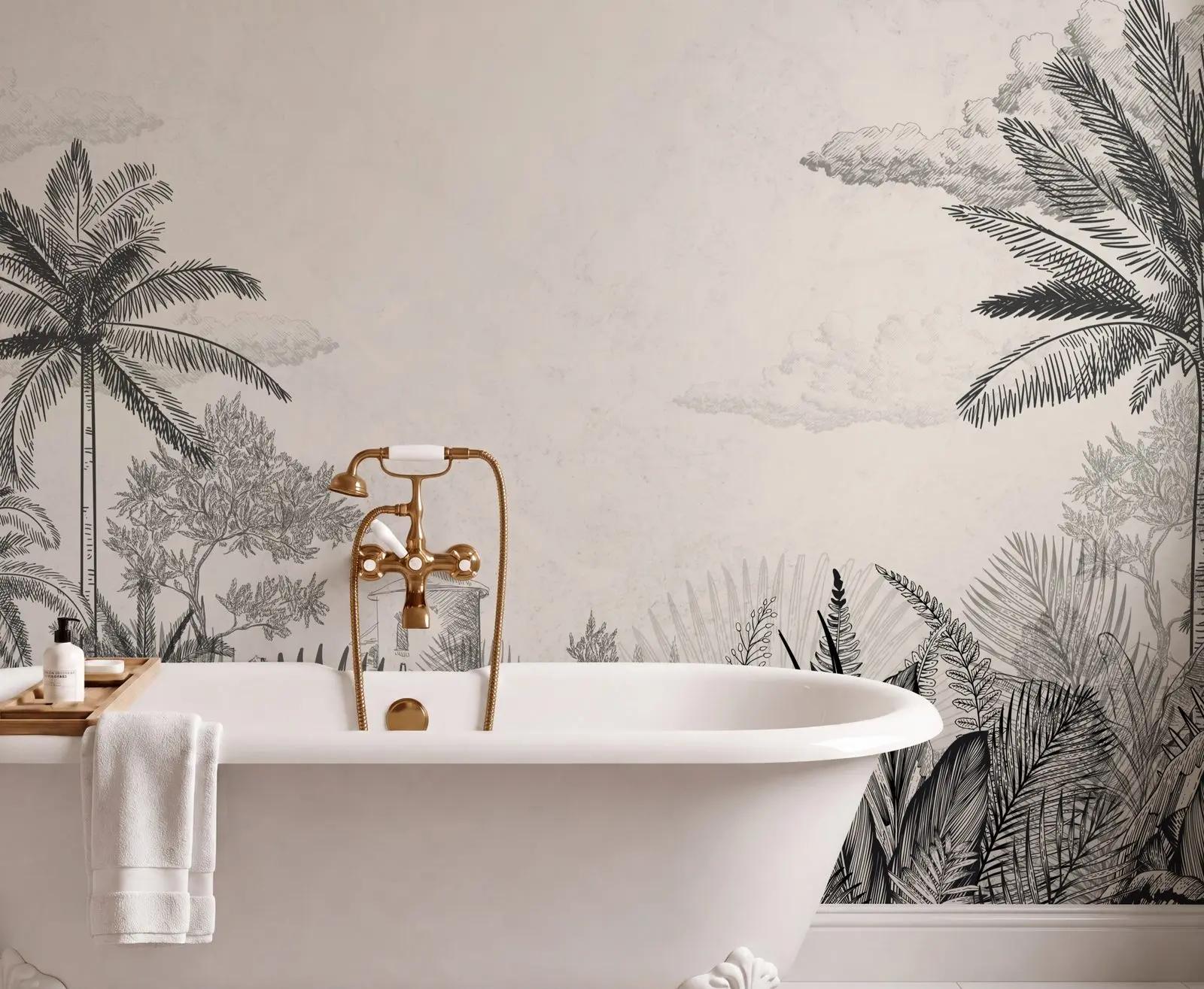 Black and White Tropical Toile Wallpaper Mural