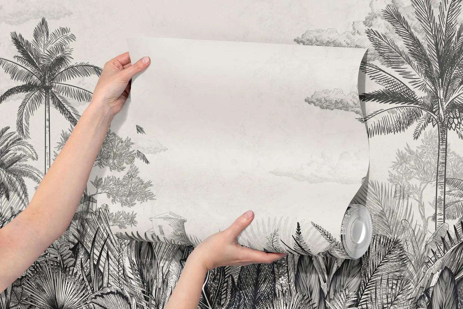 Black and White Tropical Toile Wallpaper Mural