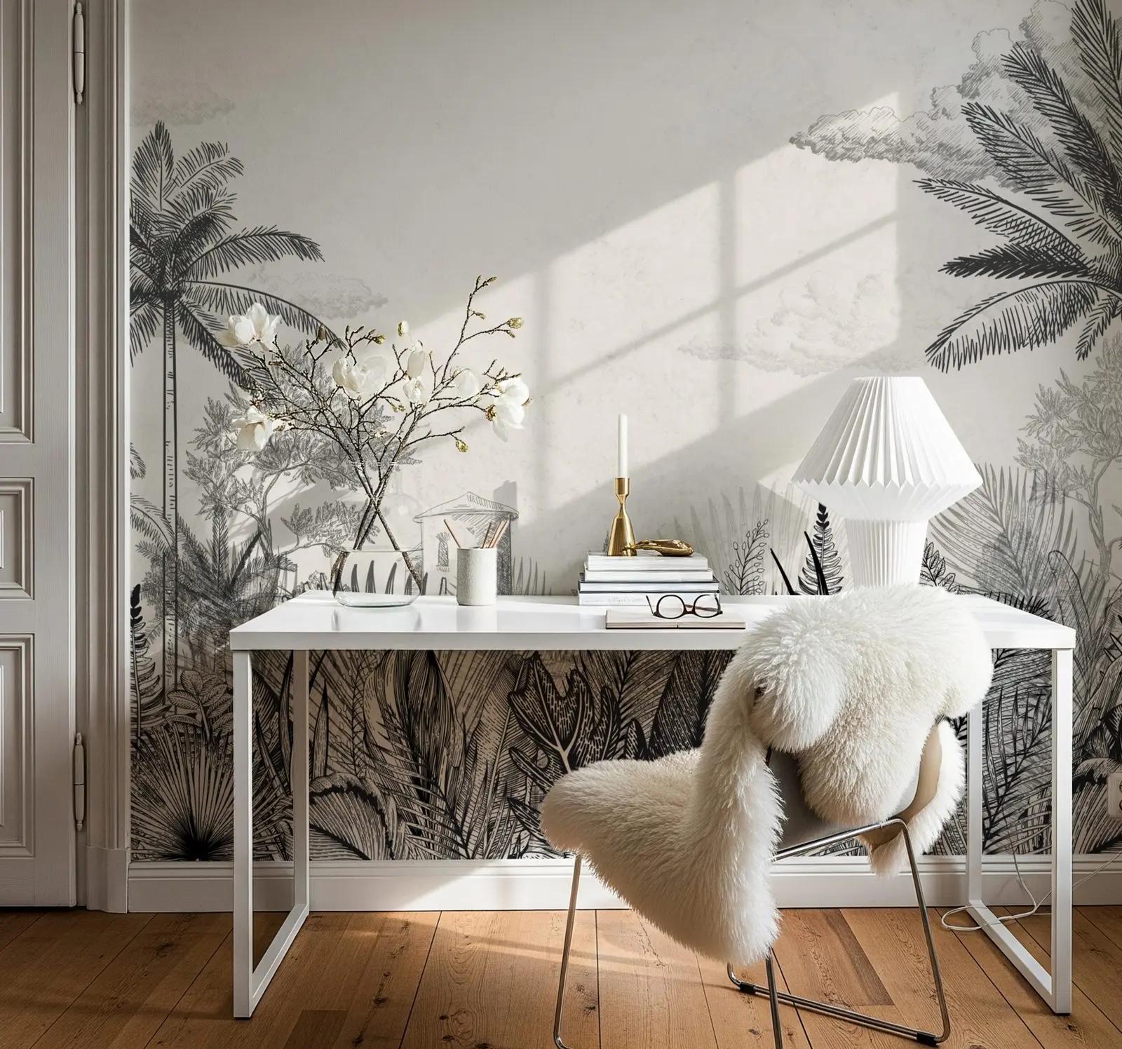 Black and White Tropical Toile Wallpaper Mural