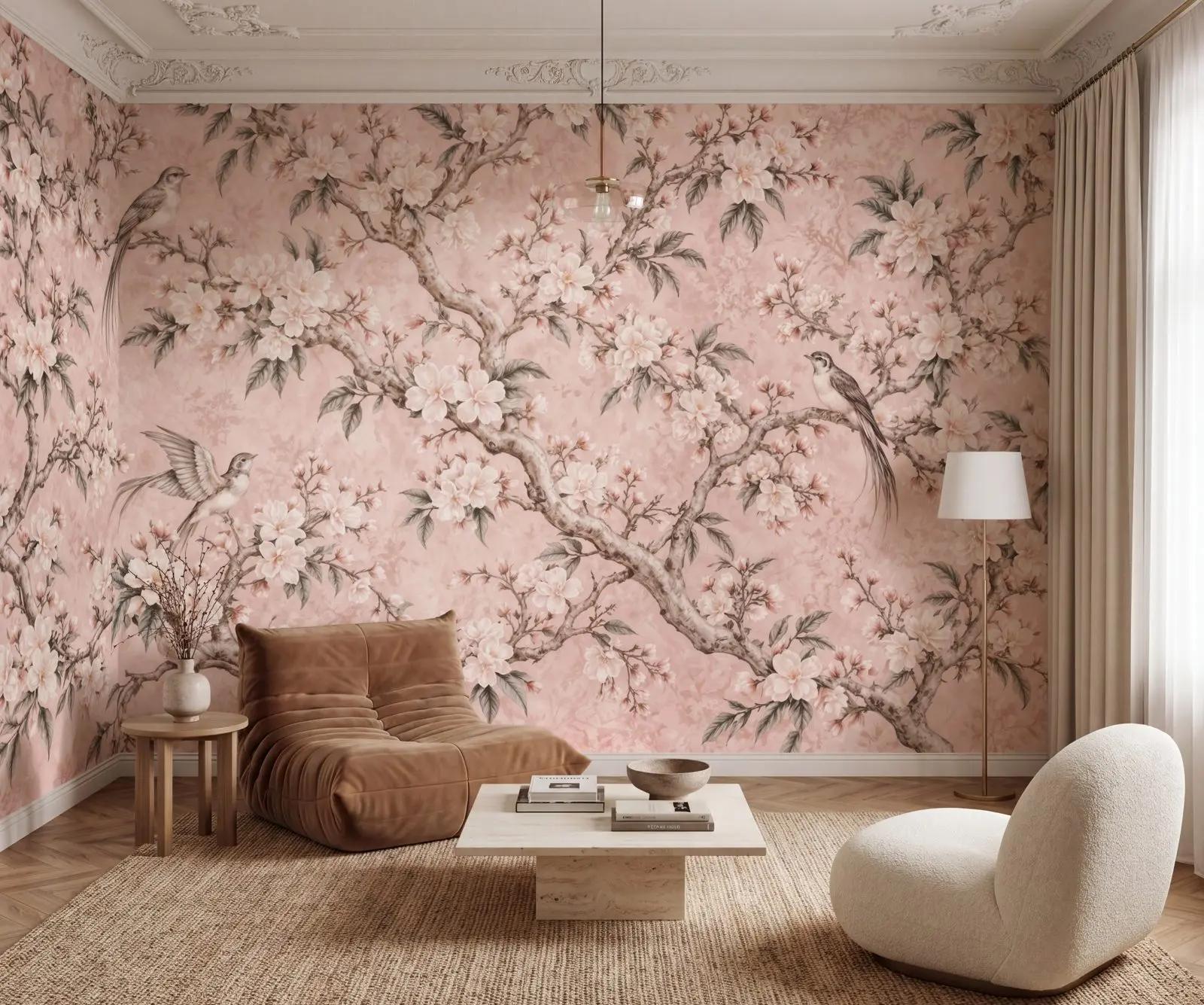 Pink Chinoiserie Blossom Wallpaper Mural