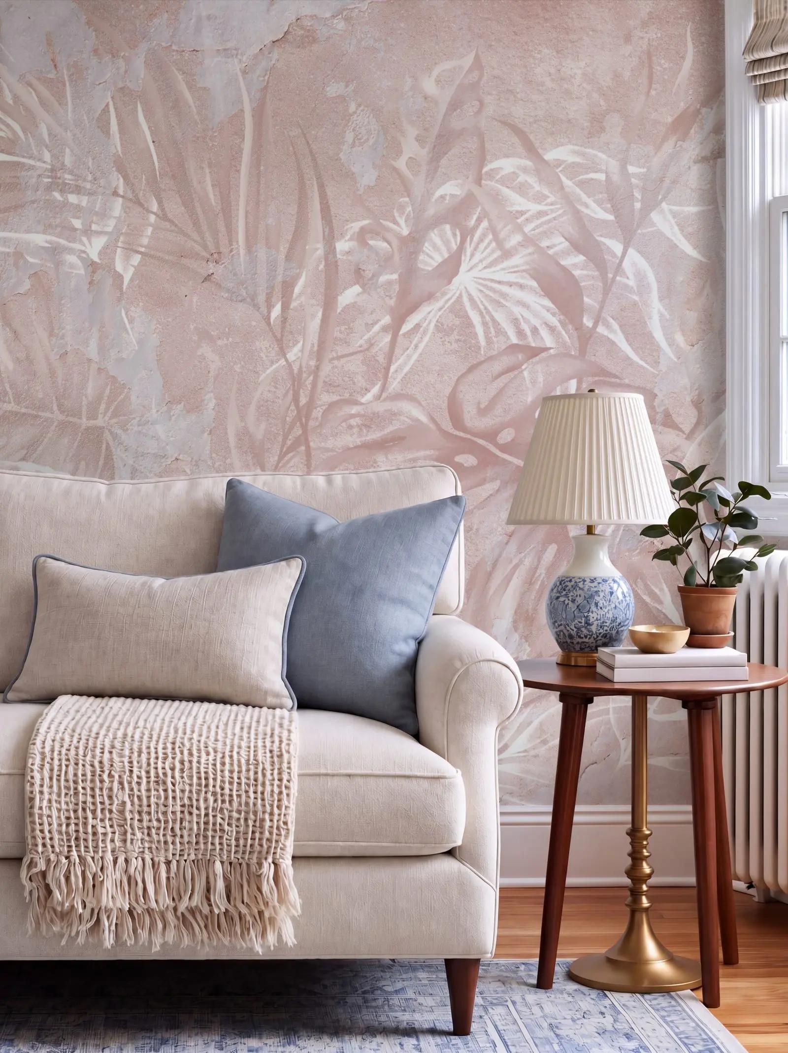Blush Pink Tropical Leaf Wallpaper Mural