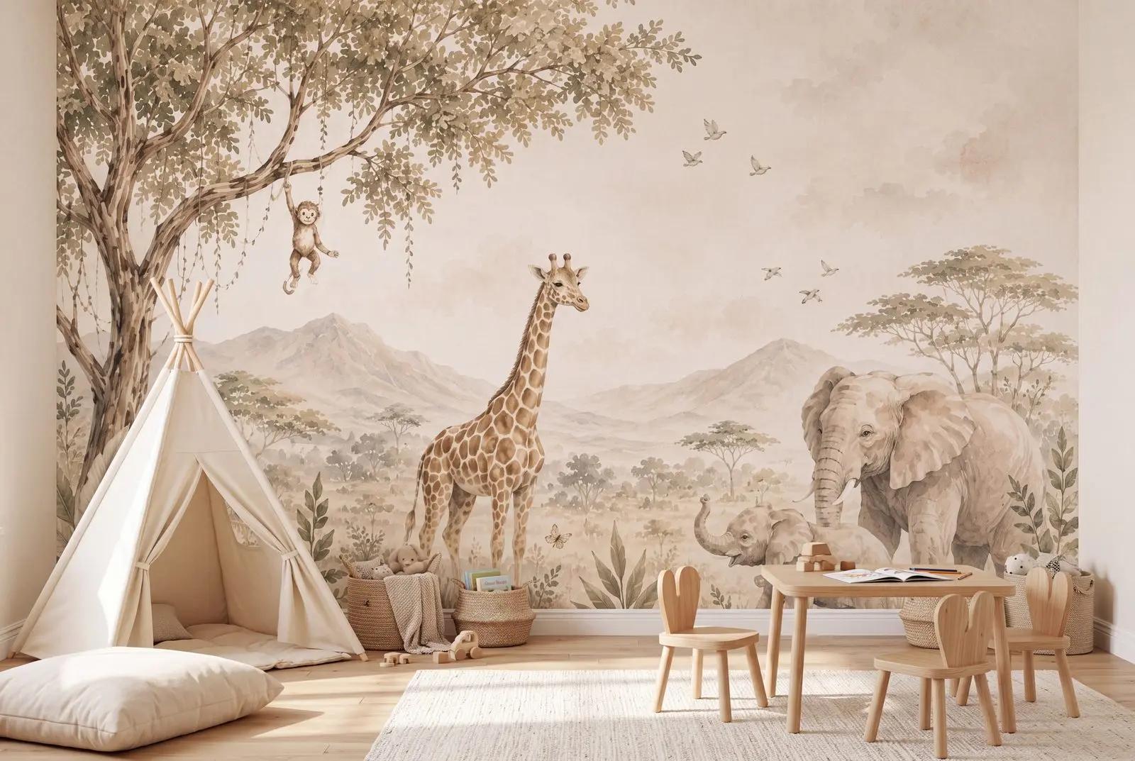 Watercolor Safari Nursery Wallpaper Mural