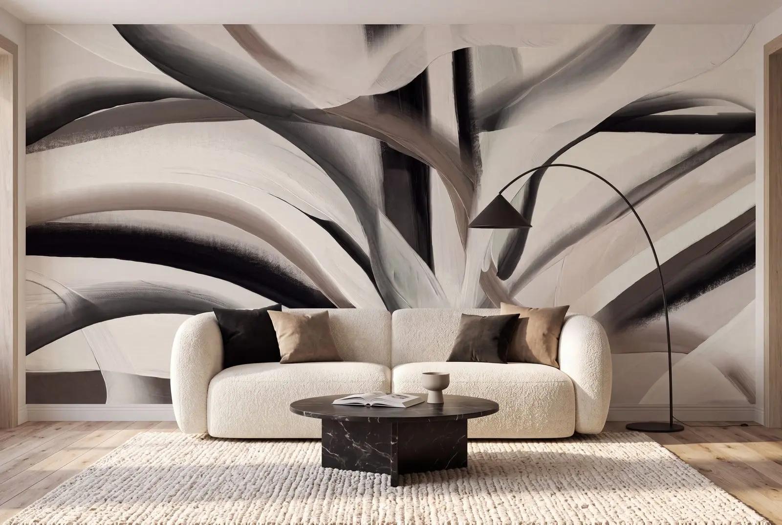 Black and Cream Abstract Brushstroke Wallpaper Mural