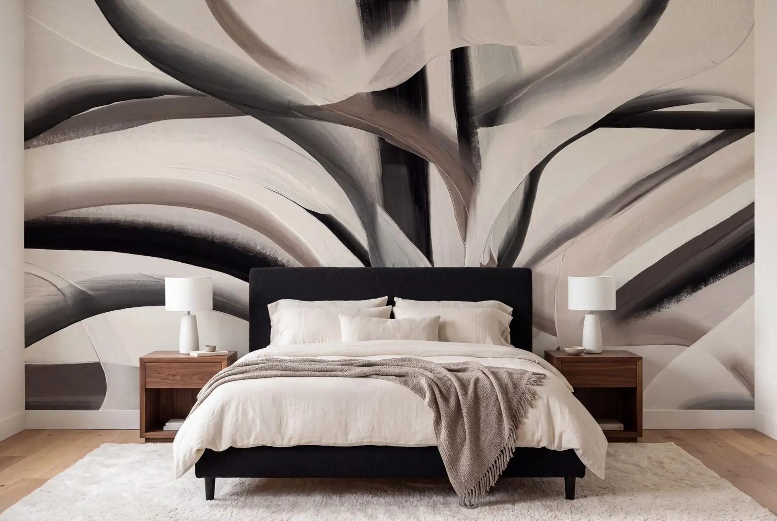 Black and Cream Abstract Brushstroke Wallpaper Mural