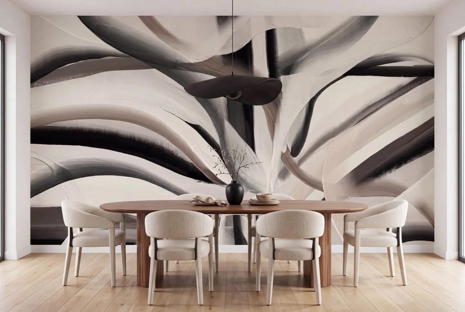 Black and Cream Abstract Brushstroke Wallpaper Mural