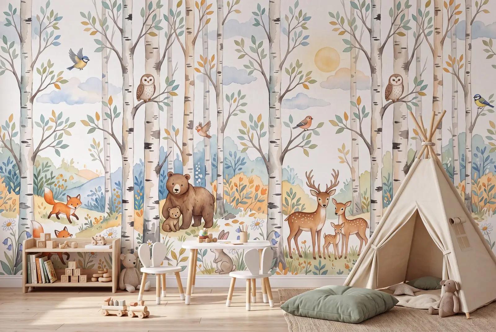 Woodland Animals Birch Forest Wallpaper Mural