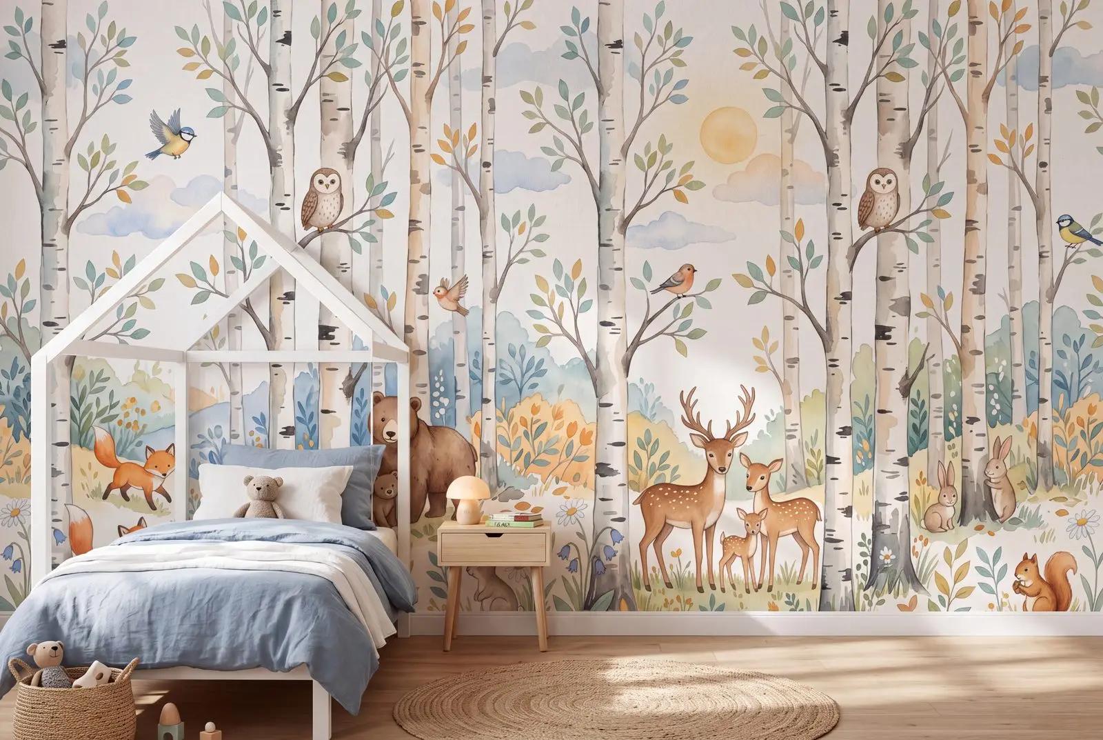 Woodland Animals Birch Forest Wallpaper Mural