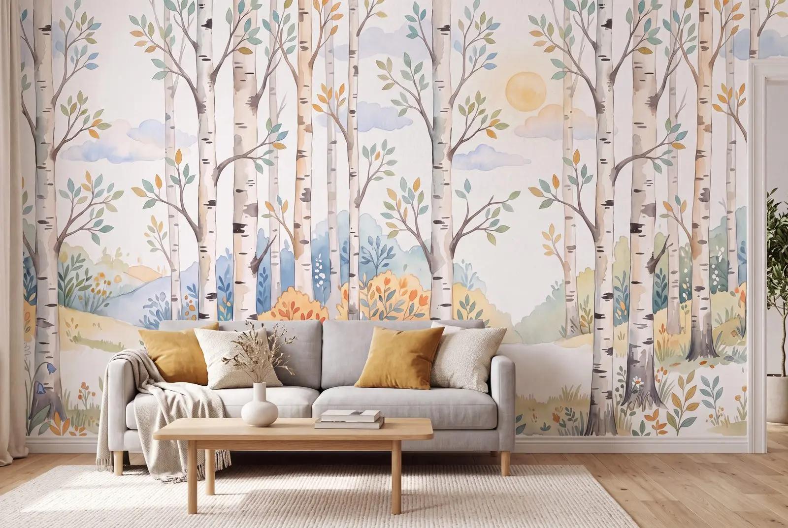 Watercolor Birch Forest Wallpaper Mural