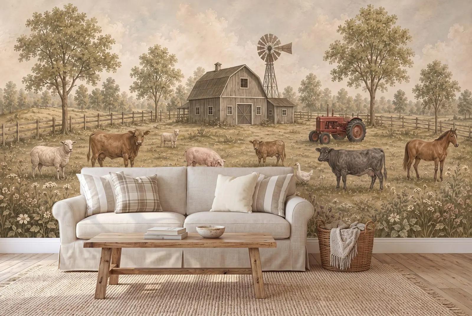 Vintage Farm Animal Wallpaper Mural
