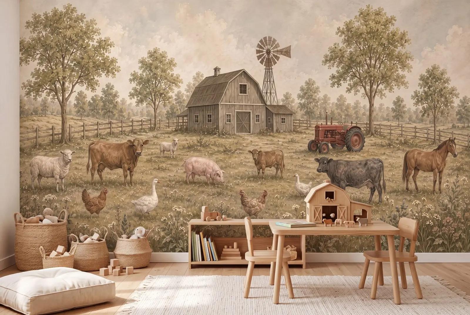 Vintage Farm Animal Wallpaper Mural
