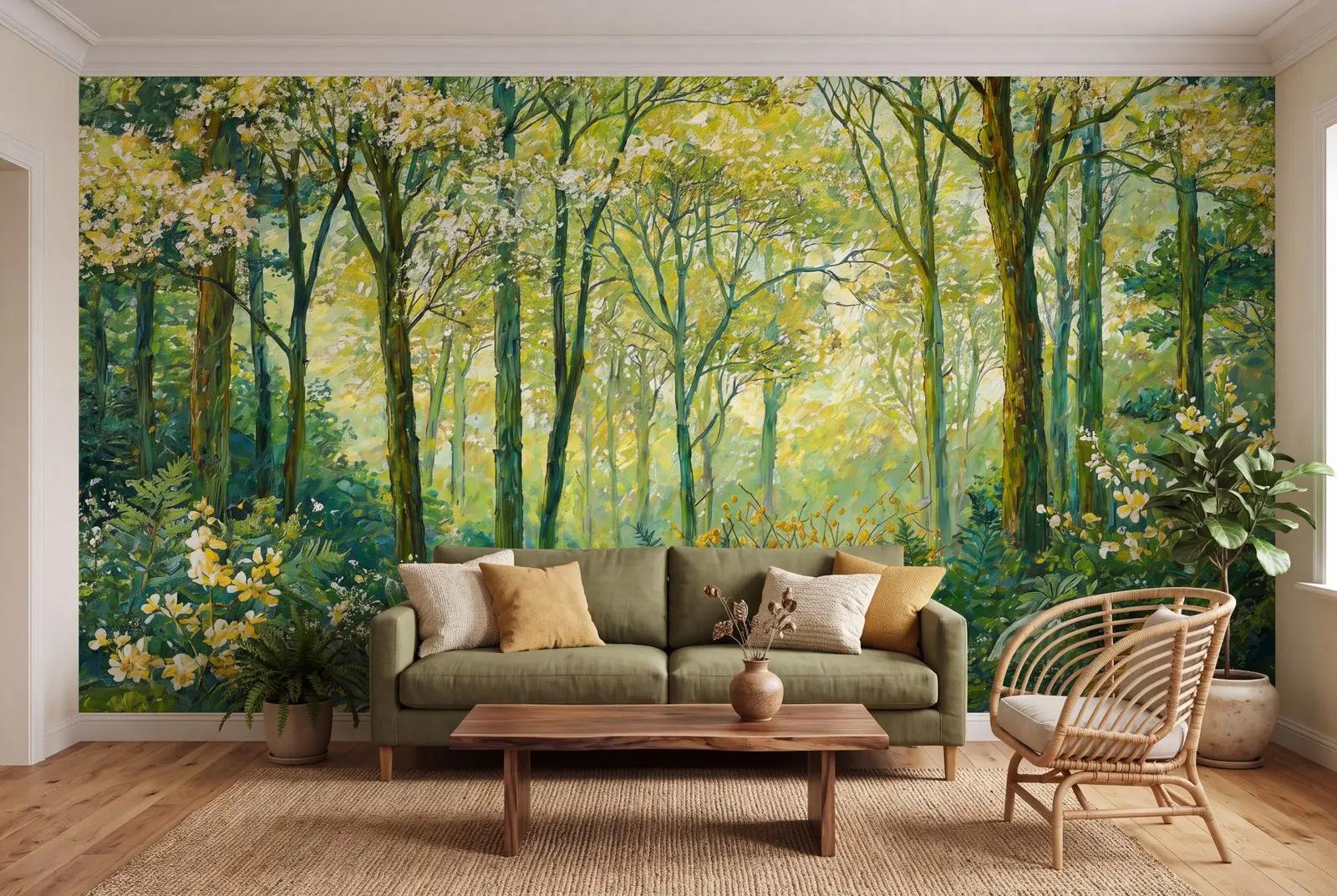 Nature Wallpaper Mural with Sunlit Forest Trees