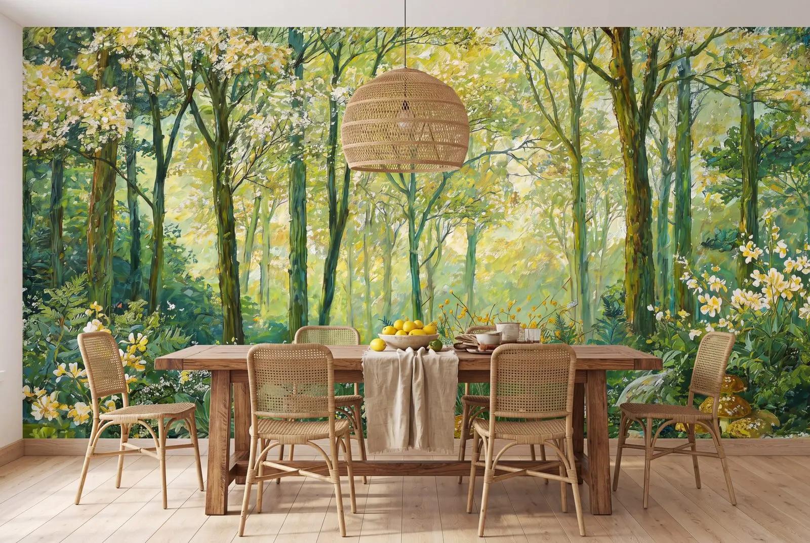 Nature Wallpaper Mural with Sunlit Forest Trees