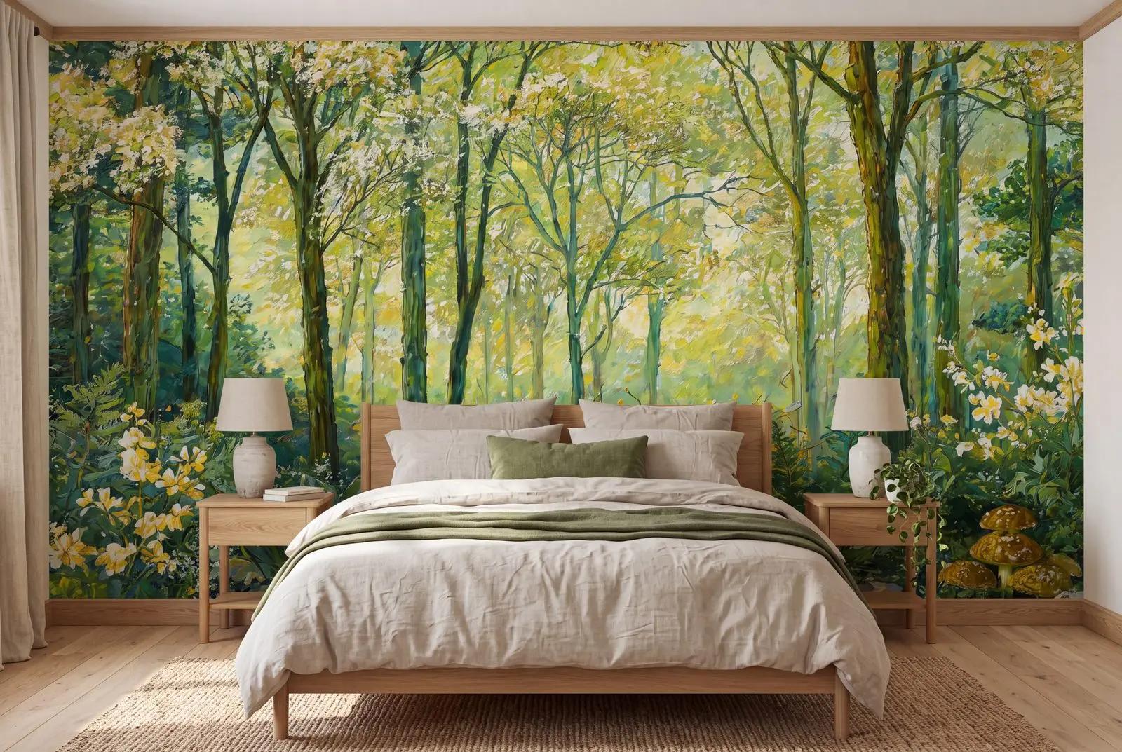 Nature Wallpaper Mural with Sunlit Forest Trees