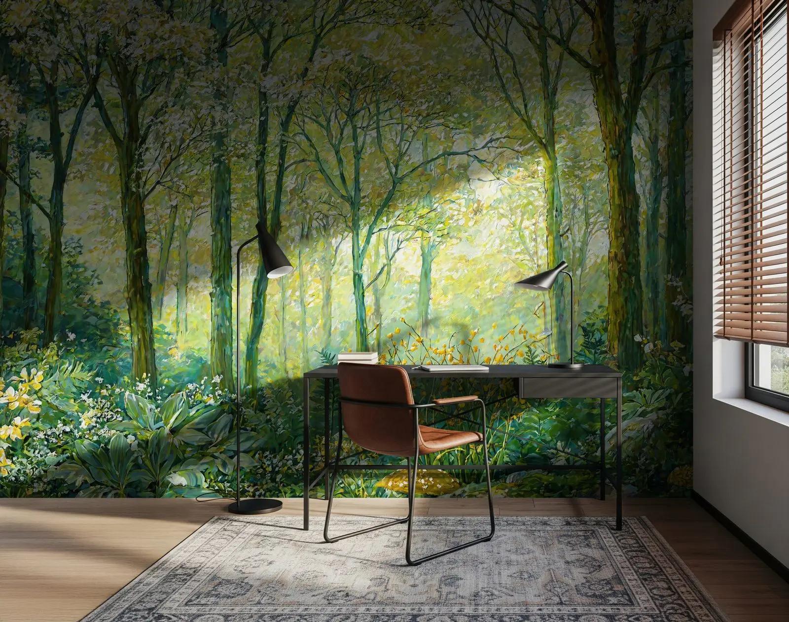 Nature Wallpaper Mural with Sunlit Forest Trees