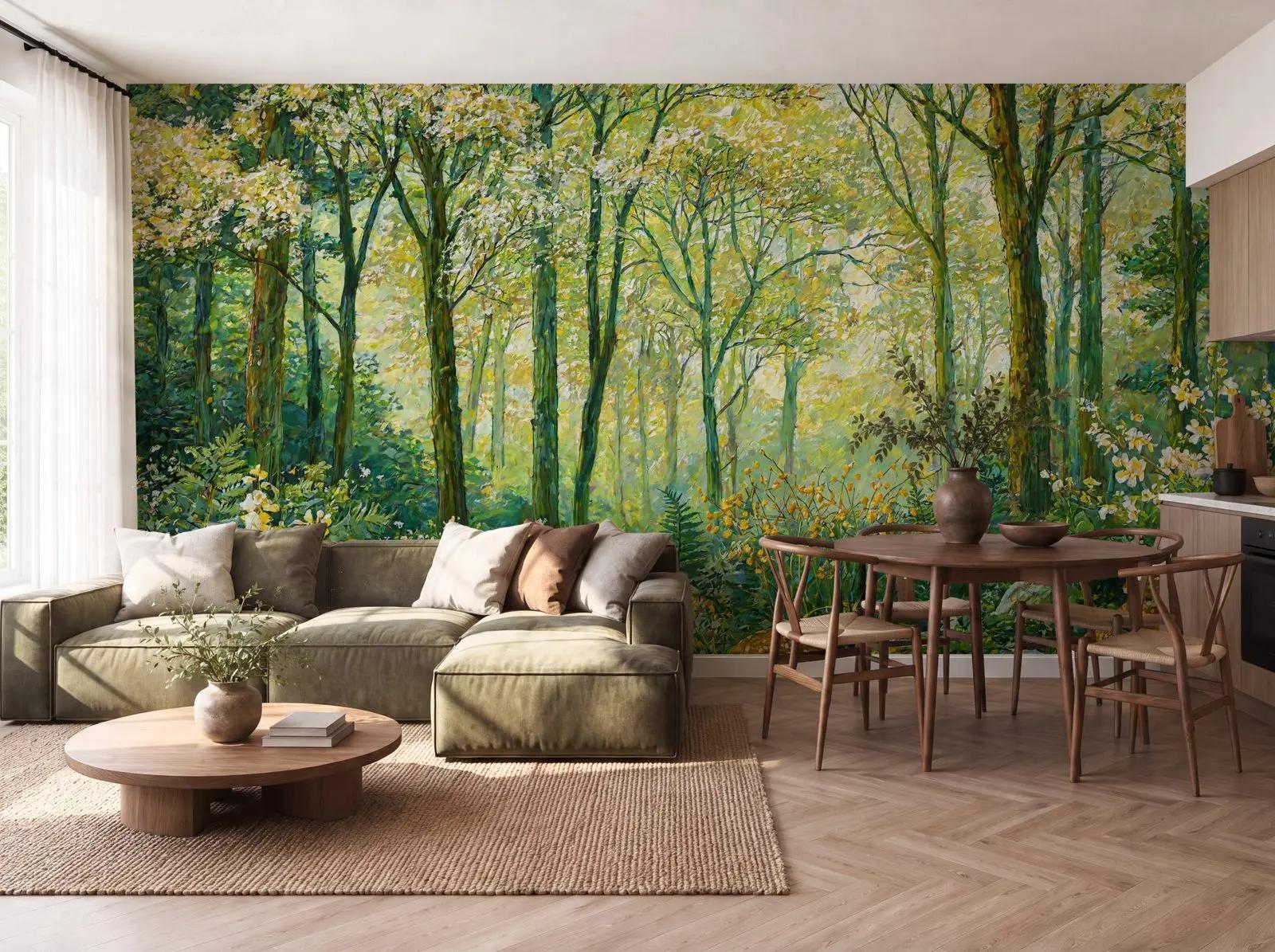 Nature Wallpaper Mural with Sunlit Forest Trees