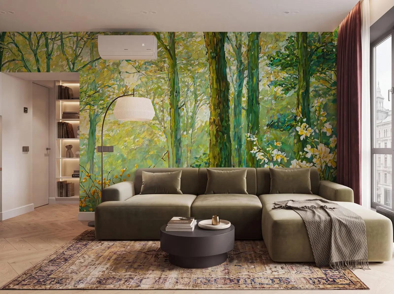 Nature Wallpaper Mural with Sunlit Forest Trees