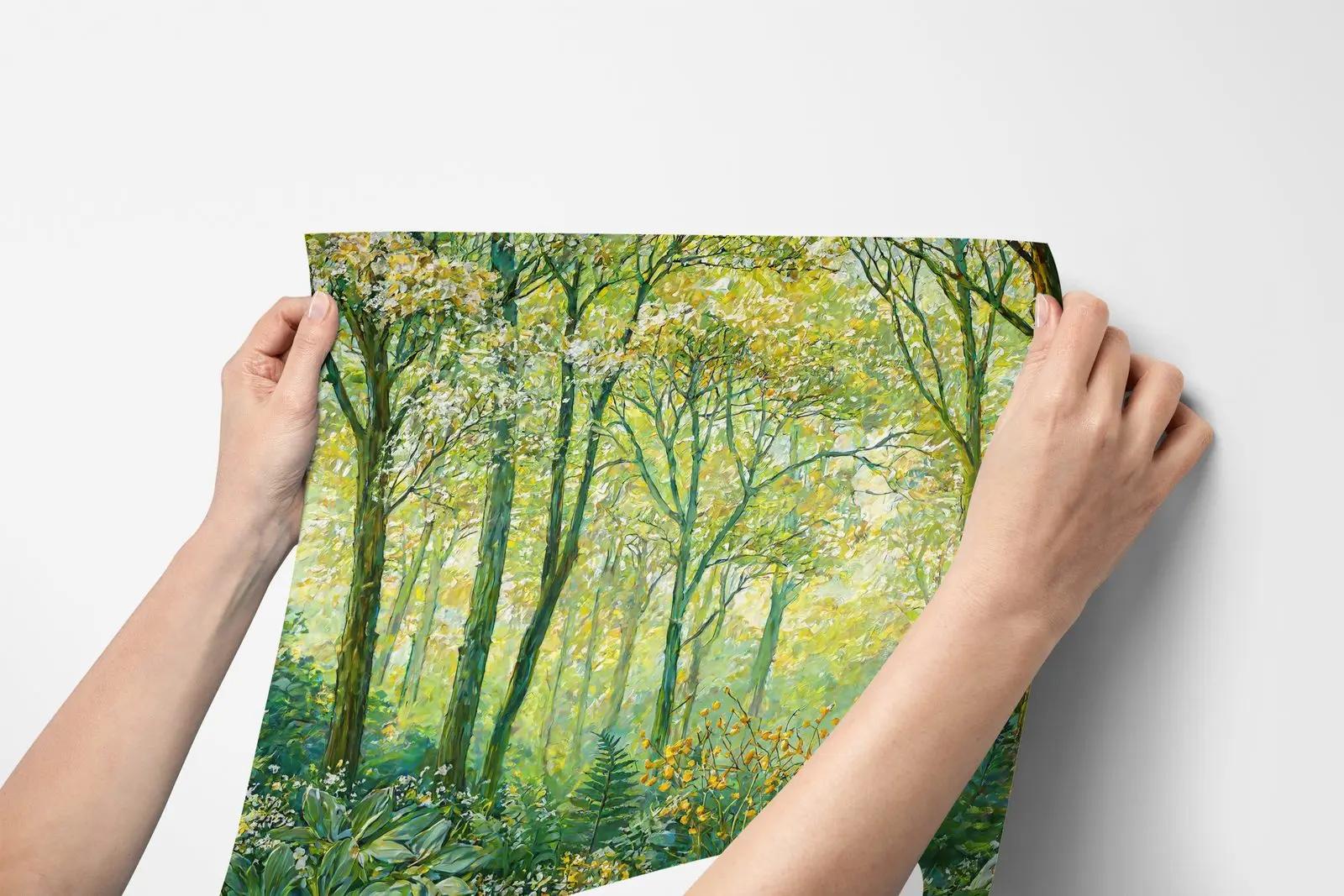 Nature Wallpaper Mural with Sunlit Forest Trees