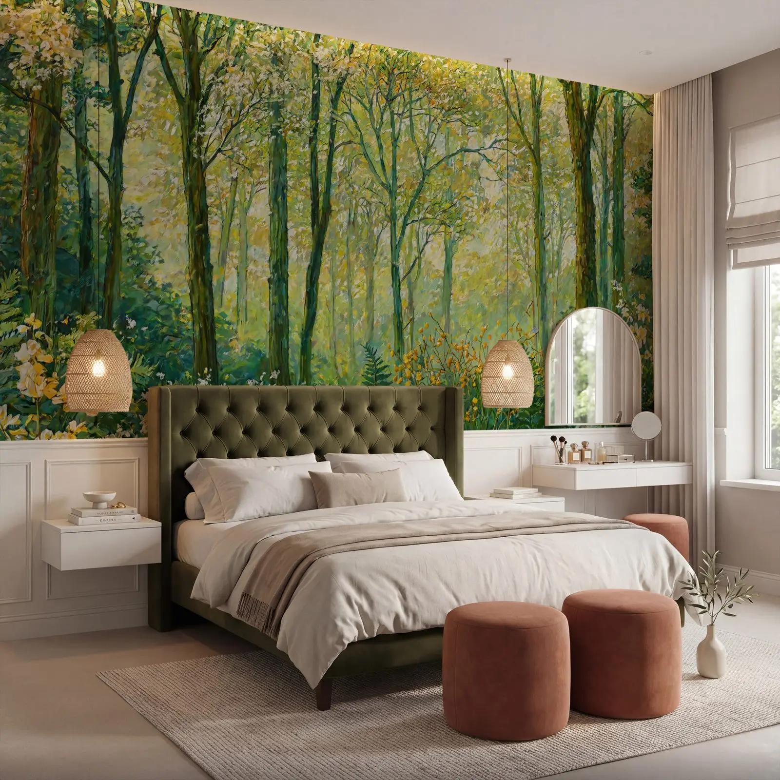 Nature Wallpaper Mural with Sunlit Forest Trees