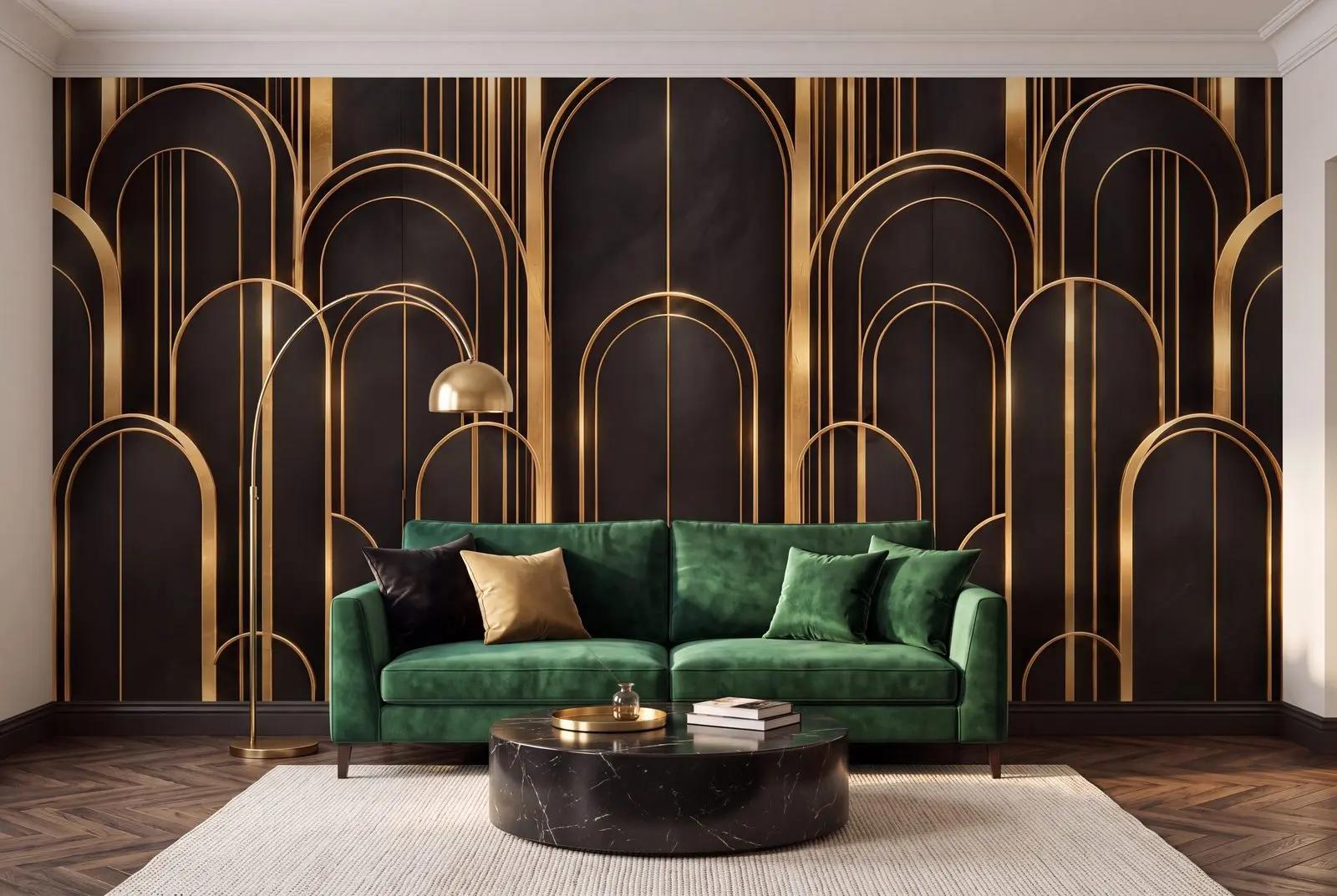 Art Deco Black Wallpaper Mural with Gold Arches