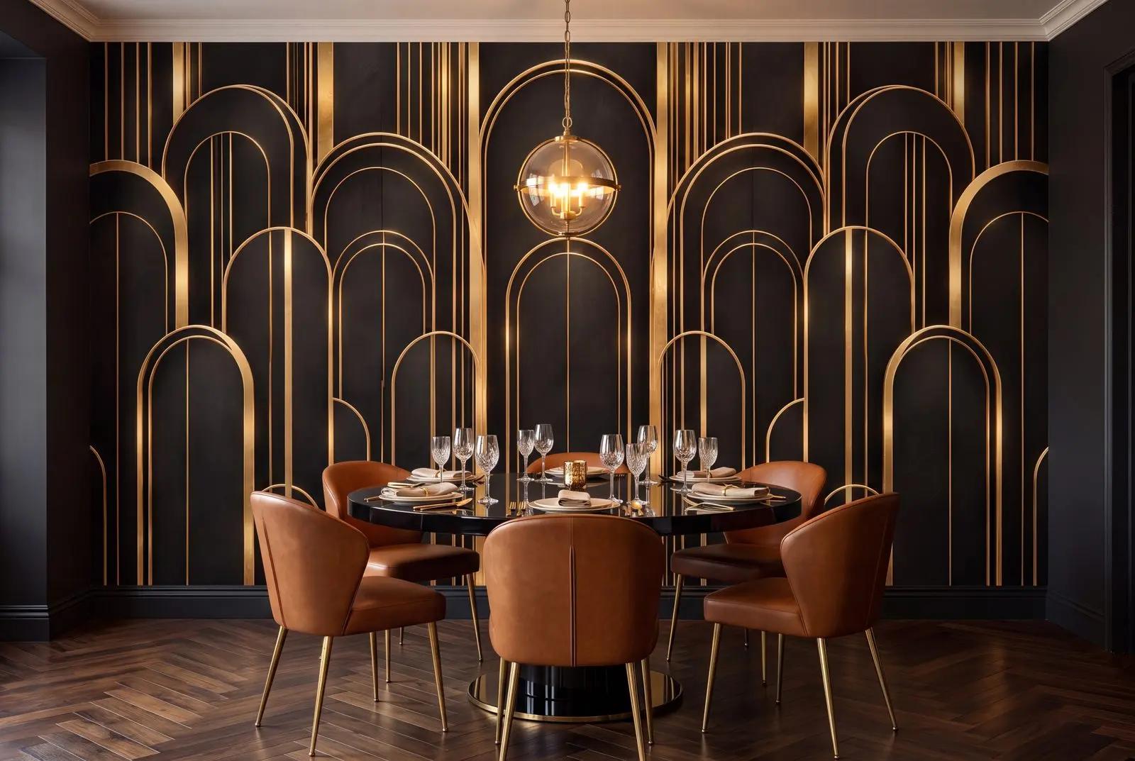Art Deco Black Wallpaper Mural with Gold Arches