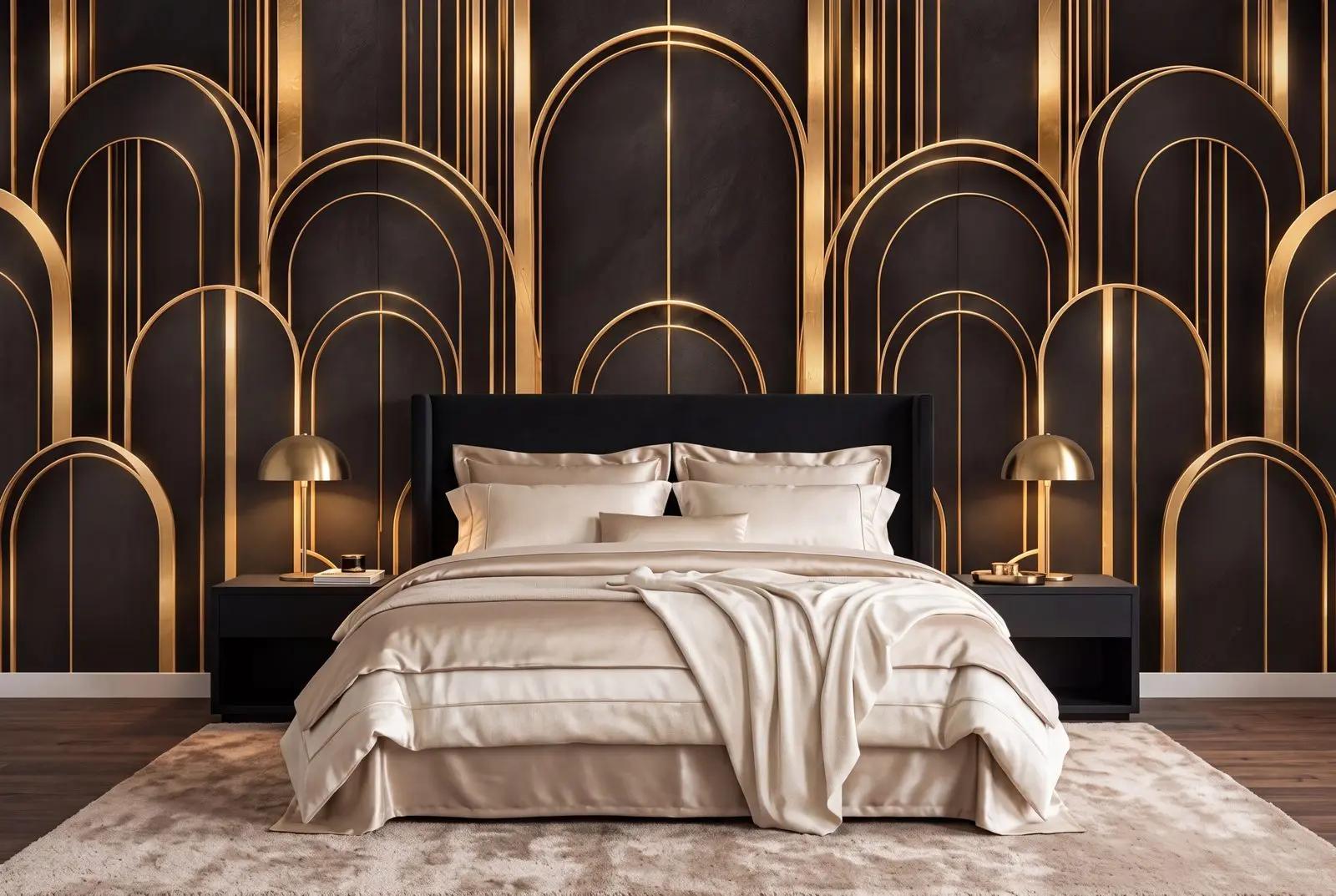 Art Deco Black Wallpaper Mural with Gold Arches